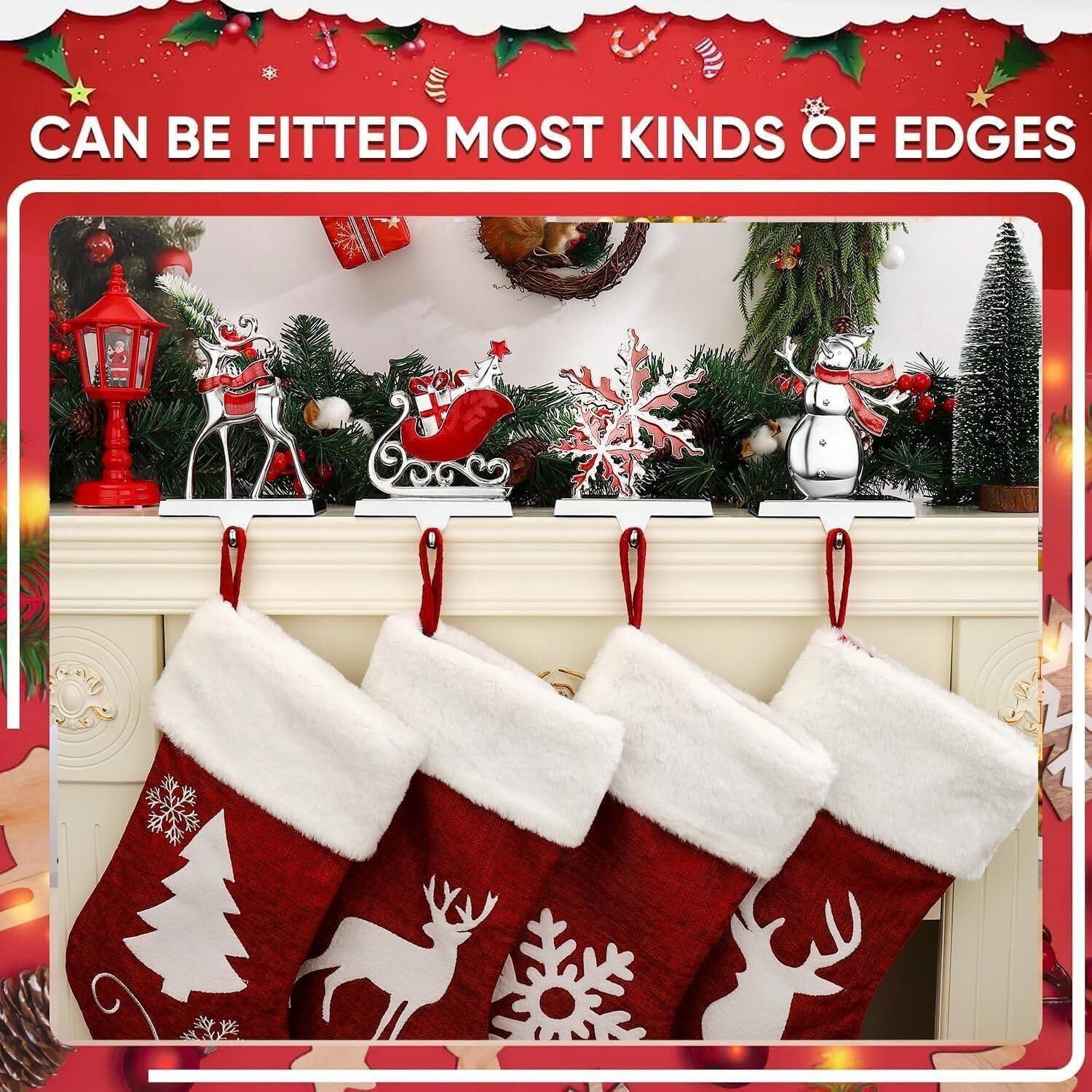 Set of 4 Christmas Stocking Holder for Mantel - Deer Sleigh Snowman Snowflake Christmas Stocking Holders for Fireplace- Stocking Hanger for Mantel Stocking Hooks for Christmas Decoration (Silver)