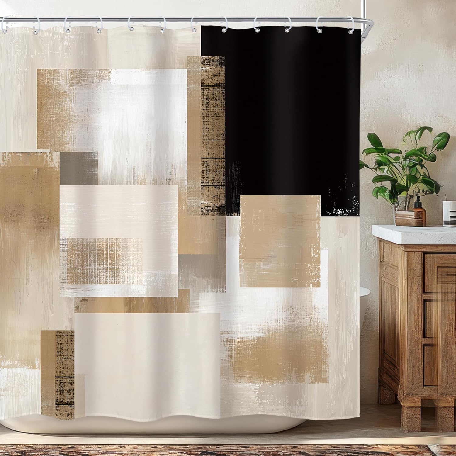 Newsely Long Brown Abstract Modern Geometry Shower Curtain 72Wx78L Inch Modern Minimalism Tan Black Geometric Simple Contemporory Bathroom Set Men Waterproof Bath Decoration Accessories Home Decor