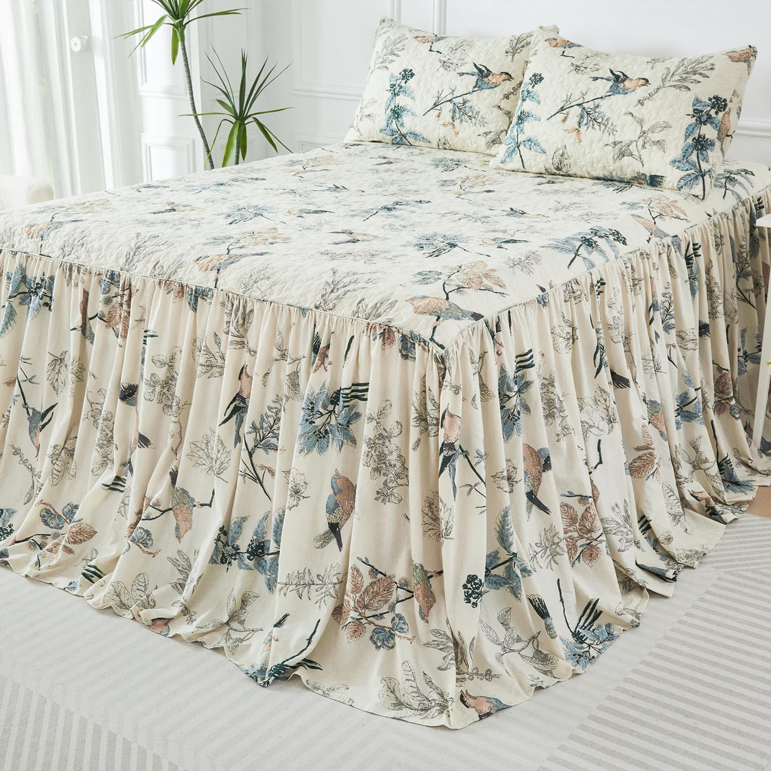 Brandream 100% Cotton Queen Size Bedspread Set Beige American Country Birds Printing, Oversized 60x80 + 30in Drop Cottage Bedding Coverlet with 2 Standard Shams