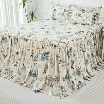 Brandream 100% Cotton Queen Size Bedspread Beige Oversized 60x80 + 30in Drop American Country Birds Cottage Bedspread 1-Piece