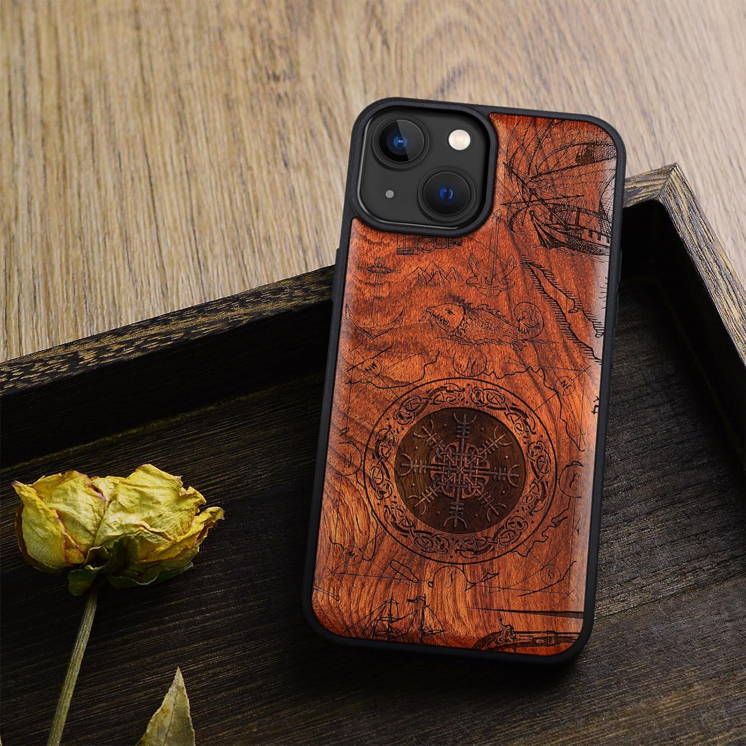 Carveit Magnetic Wood Case for iPhone 14 - Natural Wood & Black Soft TPU - Shockproof Protective Cover - Unique & Classy Wooden Case - Compatible with MagSafe (Viking Shield - Reddish Brown)