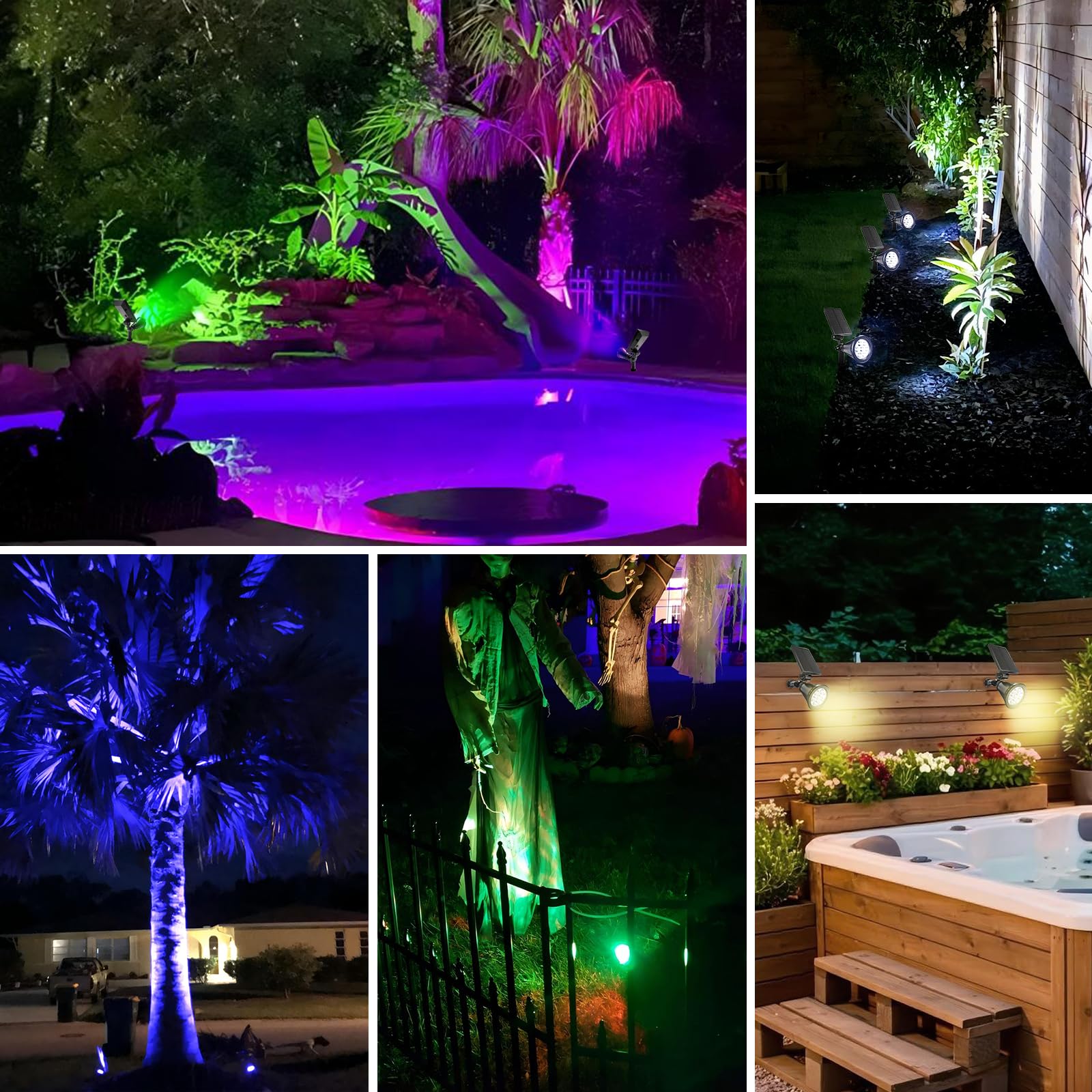 Faretti Energia Solare da Esterno 10 Pezzi,Fosingut 7 LED RGB Faretti Solari a LED da Esterno,IP65 Impermeabile Faretto Solare,Lampioncini Solari da Giardino per Cortile,Vialetto,Scala,Paesaggio,Alber