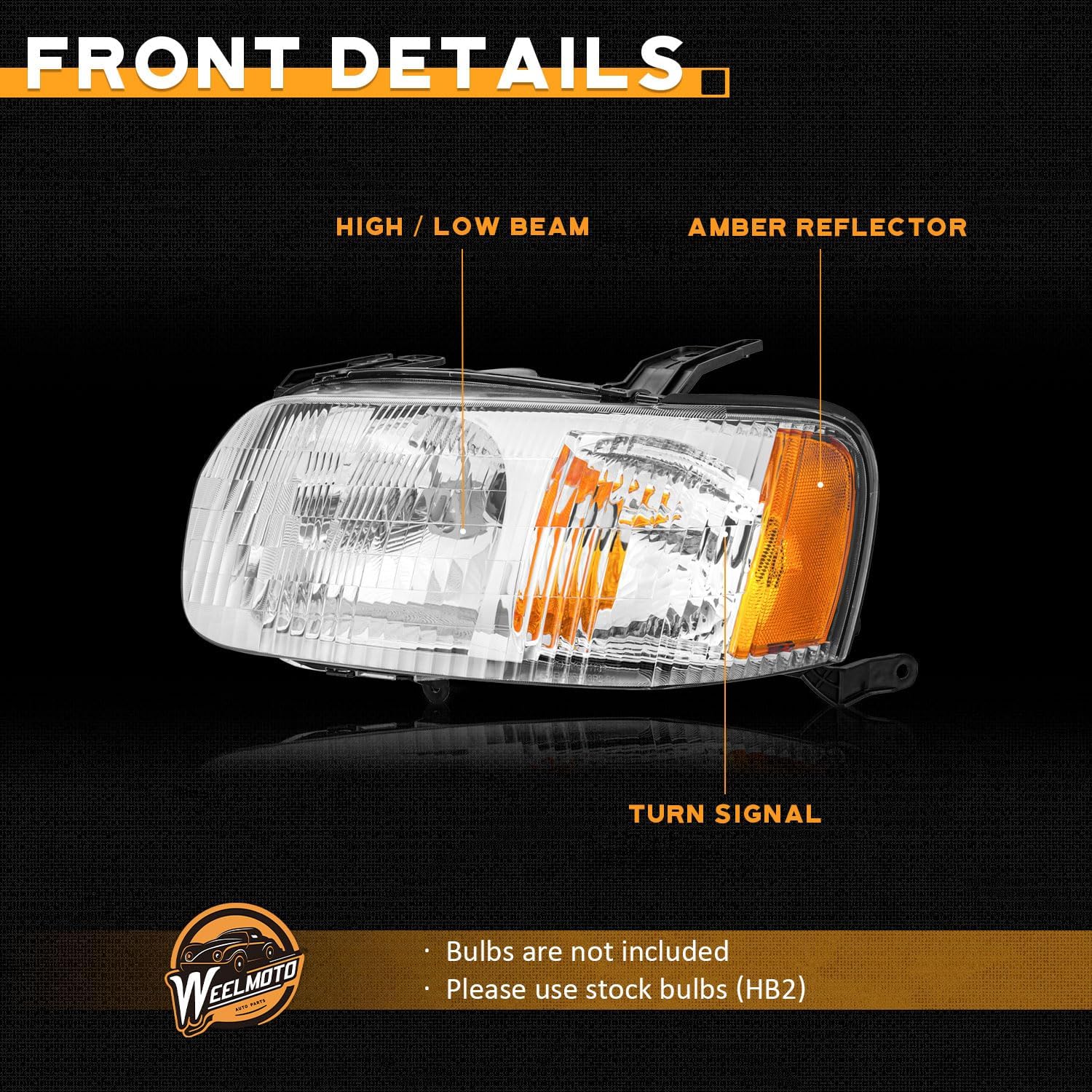 WEELMOTO Headlight for Ford Escape 2001 2002 2003 2004 Halogen Headlamp Replacement Driver and Passenger Side Chrome Housing Amber Reflector