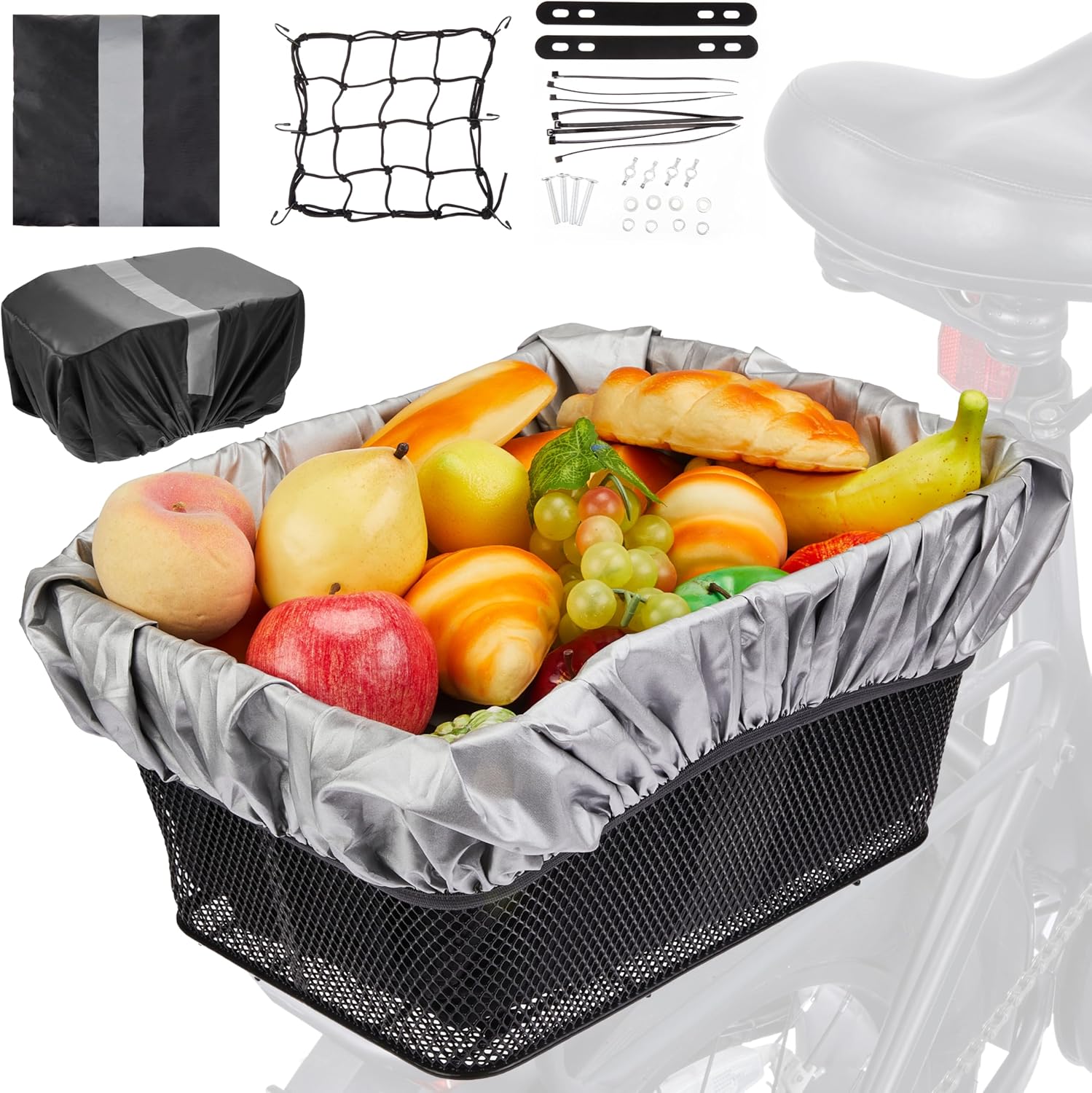 Fitense 自転車バスケット クイックリリースブラケット付き 自転車吊り下げバスケット 反射防水カバー付き ワイヤーバイクバスケ