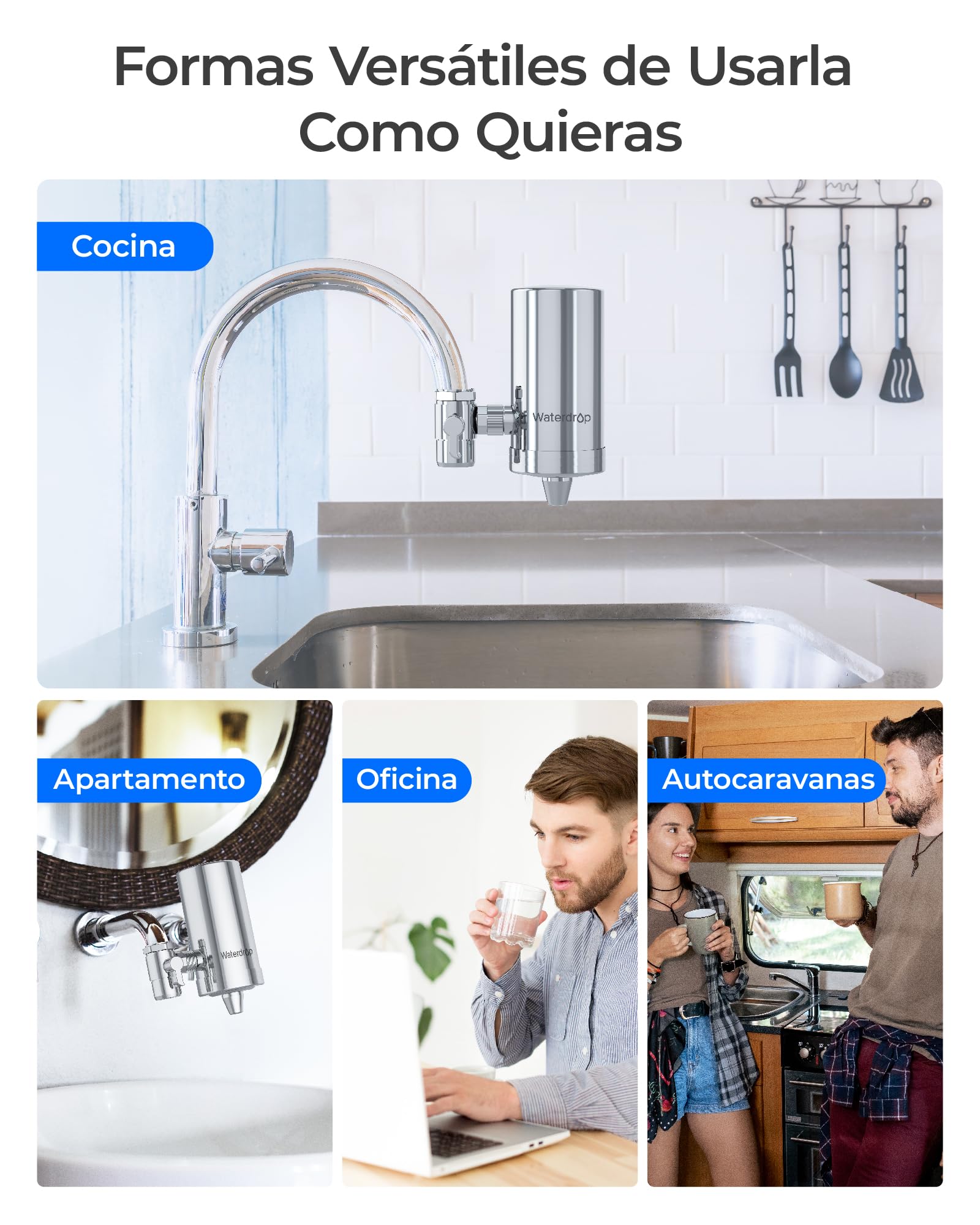 Waterdrop WD-FC-06 Grifo de Acero Inoxidable, Sistema de Filtración de Agua con Bloque de Carbón, Elimina el Cloro, los Metales Pesados y el Mal Sabor (1 Filtro Incluido)