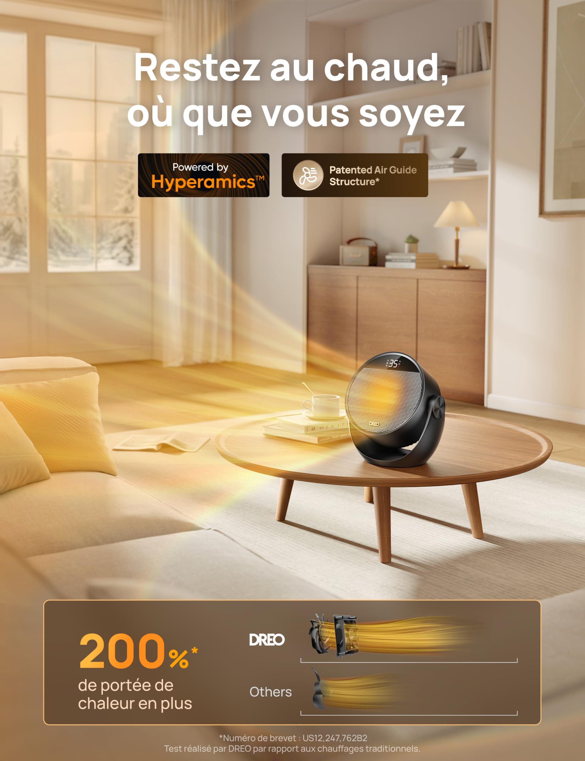 Dreo Chauffage Électrique Ventilateur Chambre, Chauffage Portable 3 Modes avec Thermostat et Télécommande, Inclinaison 60° Réglable, Minuterie 12H, 8 Protections, Silencieux pour Bureau et Pièce, Noir