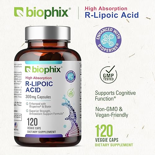Miniatura 4 de biophix Ácido R-lipoico de 300 mg estabilizado 120 cápsulas vegetarianas - con biotina - Soporte antioxidante de alta potencia - Sin OMG - Sin
