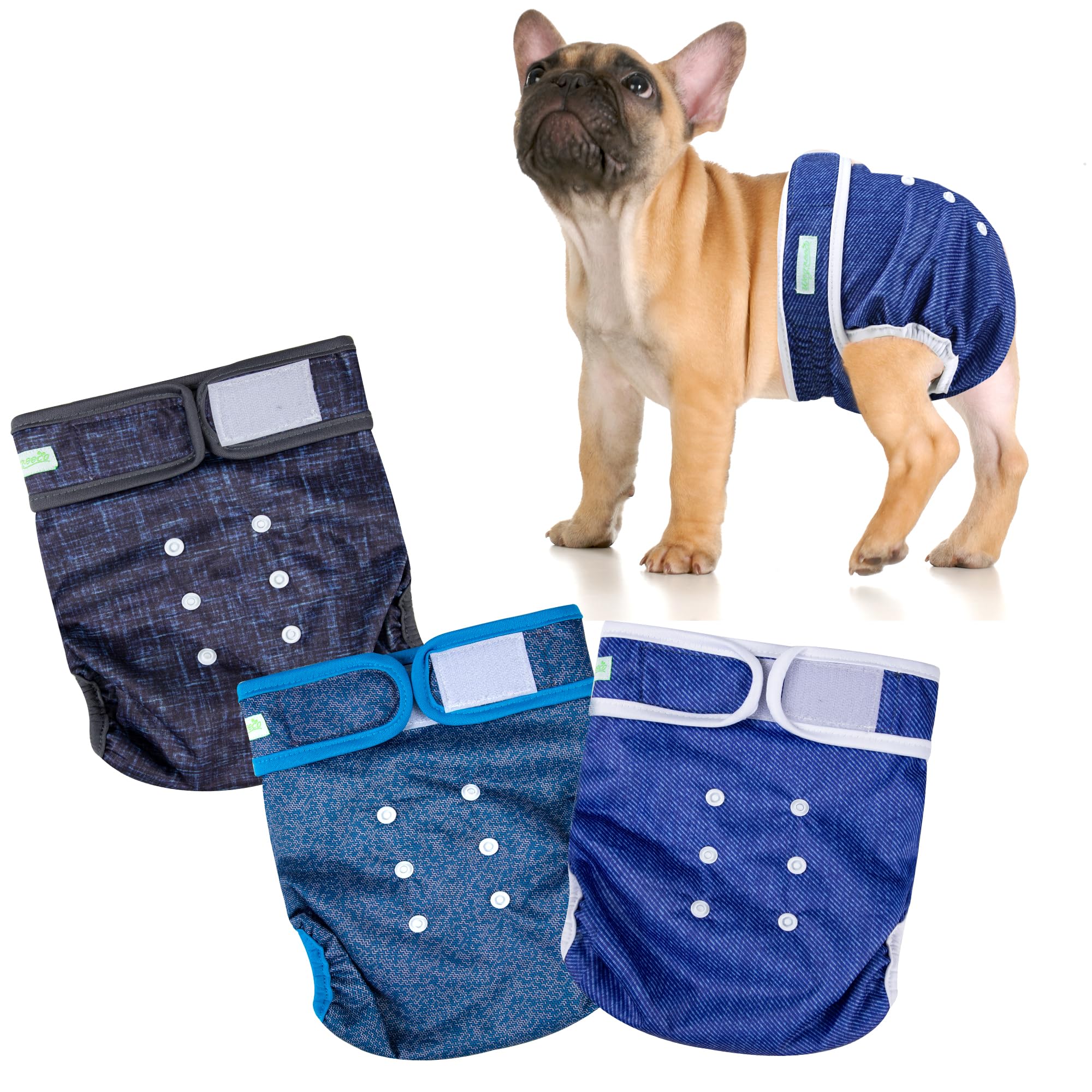 wegreeco Frenchie Dog Diapers Female No Tail Hole,Washable Pet French Puppy Bulldog Diapers Female for Period Heat,Reusable Doggy Doggie Dog Diapers （Jeans X-Large）