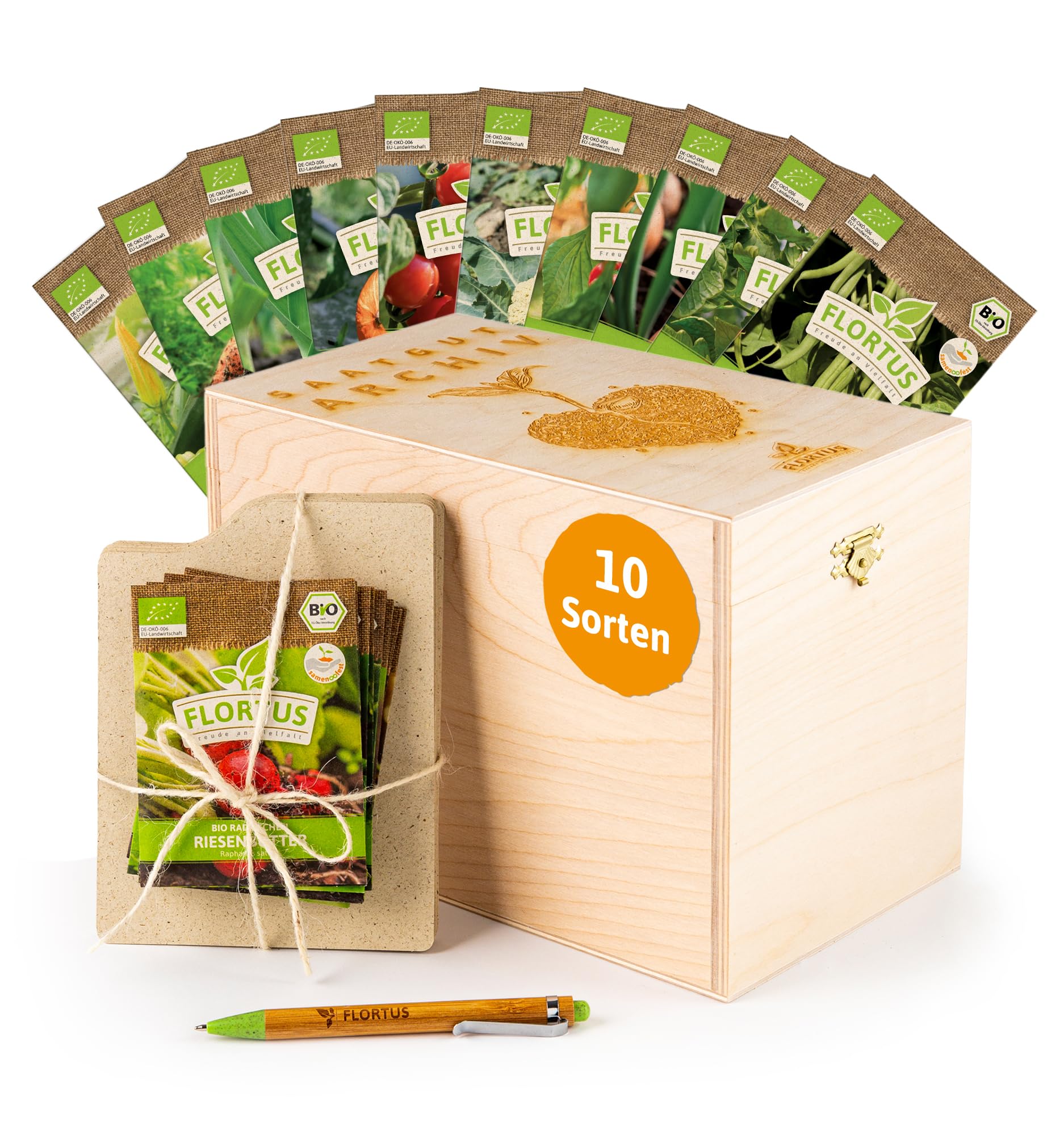 FLORTUS Saatgut Archiv Grillgemüse | Samen Set Geschenkbox Holzkiste (10 Sorten) | Geschenkset Aufbewahrungsbox mit Deckel | BIO Gemüsesamen