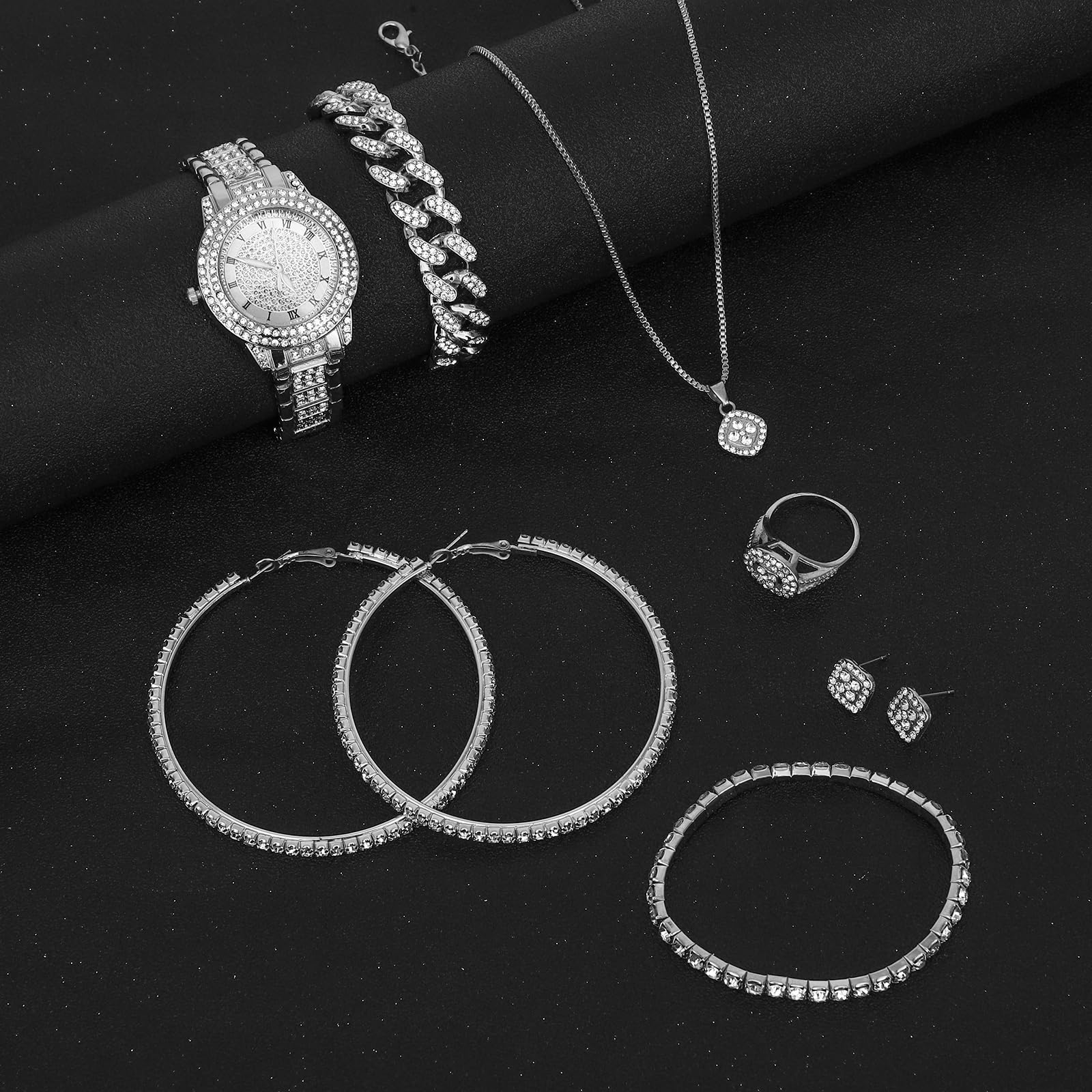 NEWITIN 13 Pieces Silver Jewelry Set for Women Stainless Steel Cuban Link Necklaces Bracelets Earrings Watch Ring Bling Cubic Zirconia Cuban Jewelry Set for Women Men