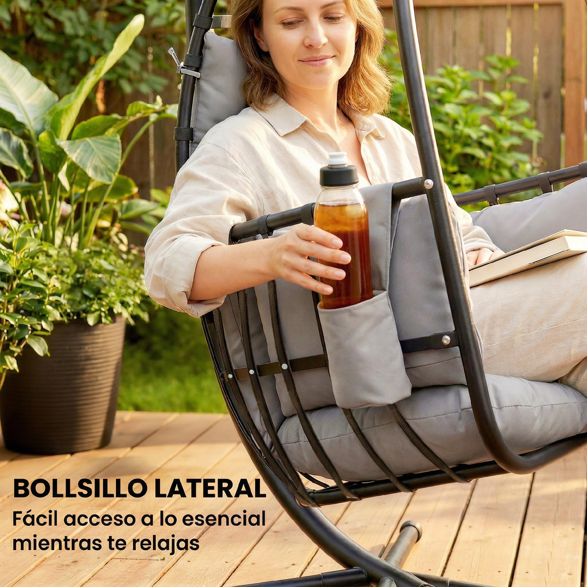 Outsunny Silla Colgante Huevo con Soporte, Sillón 120 kg Gris Oscuro | Cesta Plegable, Reposacabezas, Cojín, Bolsillo Lateral, Jardín, Interior, Exterior