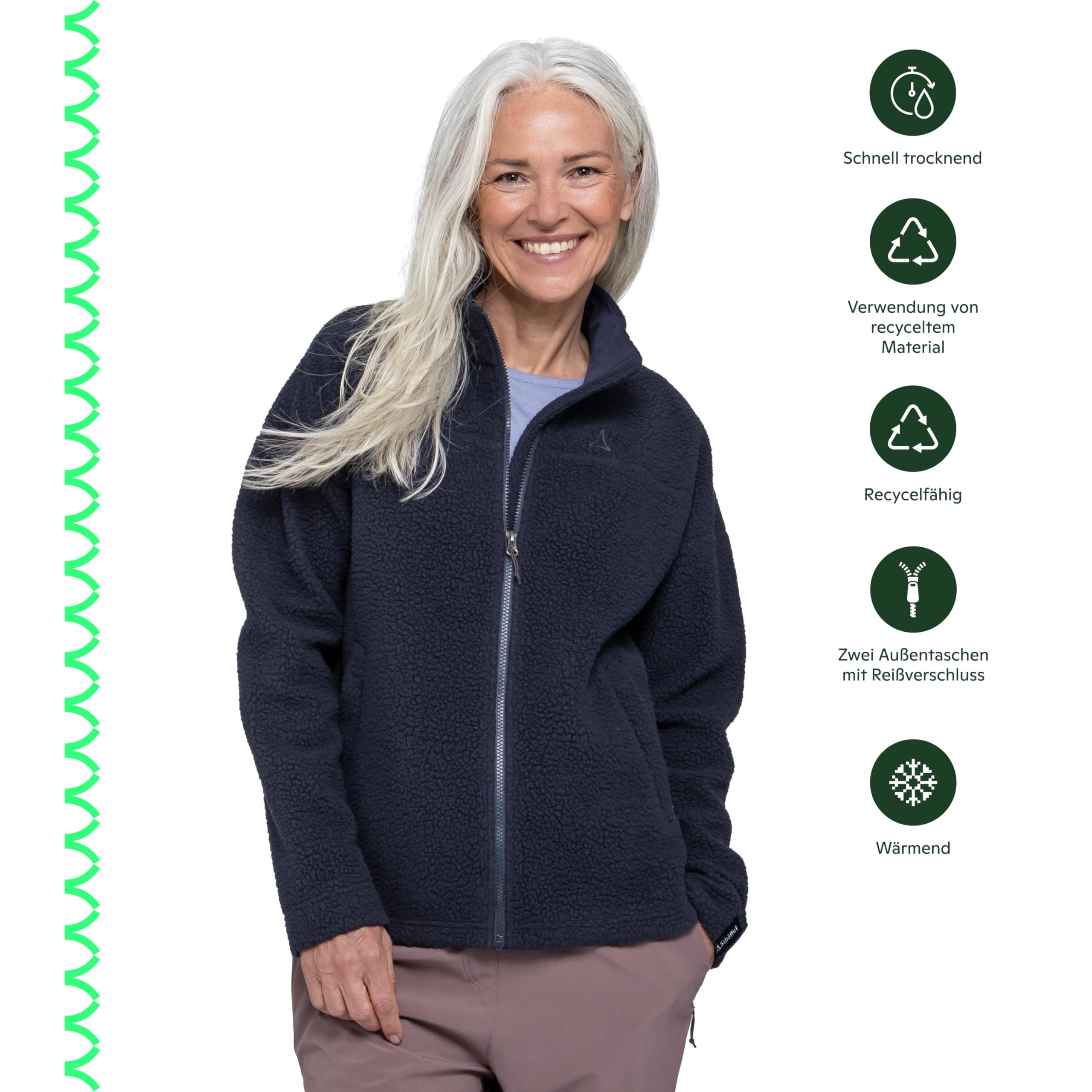 Schöffel Damen CIRC Fleece Jk Style Purga WMS, kreislauffähige Fleecejacke aus kuscheligem Sherpa Fleece, wärmende, schnell trocknende Outdoor Jacke mit fast 100% Recyclingfähigkeit