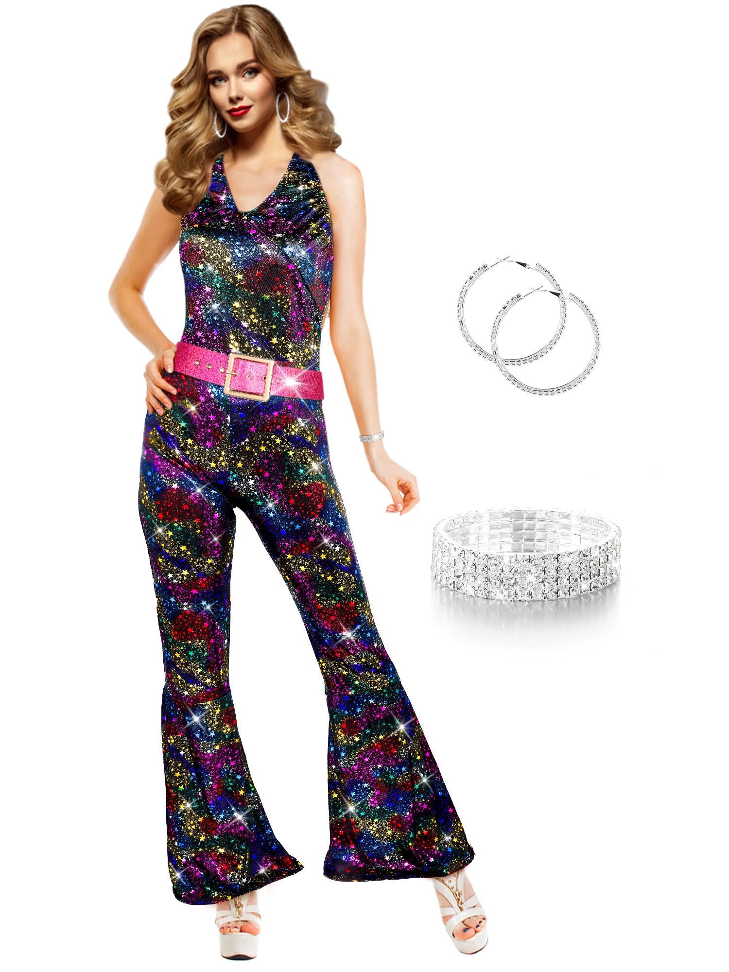 5 Pcs Halloween Women's Adult Disco Doll Costume Rhinestone Hoop Earrings Stackable Stretch Bracelets 70s Disco Outfit Women