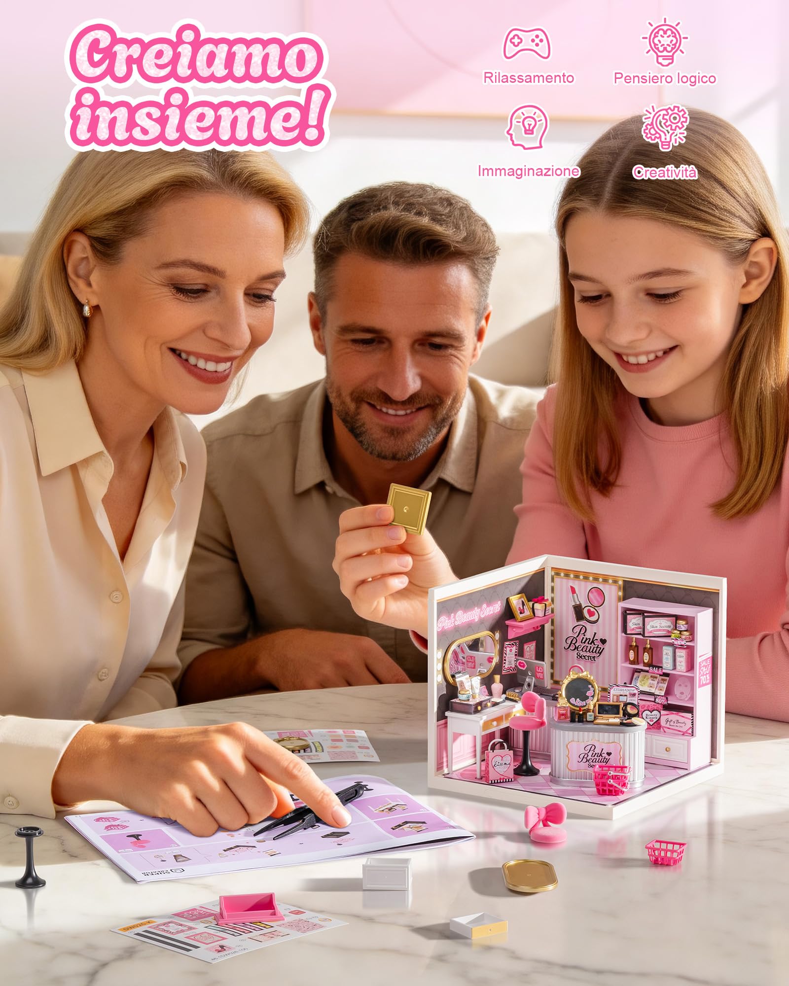 Rolife Super Creator Pink Beauty Store, Kit Fai da Te in Miniatura per Casa delle Bambole con Luce, Kit di Mobili per Casa delle Bambole in Plastica Senza Colla, Kit di Costruzione in Miniatura per