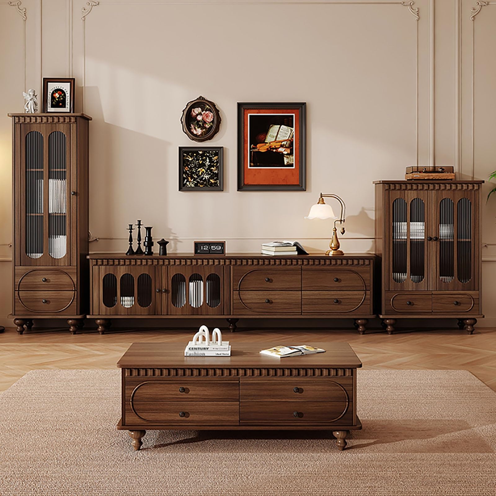 Supporto per console TV vintage con ante in legno massello di vetro Hazy da 180 cm, centro di intrattenimento per soggiorno, mobili eleganti per TV e media