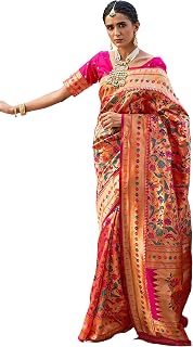 Janasya Indian Saree for Women Pink Paithani Silk Woven Festive Ethnic Saree with Unstitched Blouse