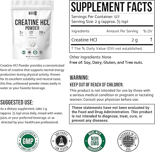 Miniatura 2 de Suplemento de creatina pura HCL en polvo sin sabor HCL creatina para hombres y mujeres apoya la fuerza muscular, resistencia, energía, apoyo