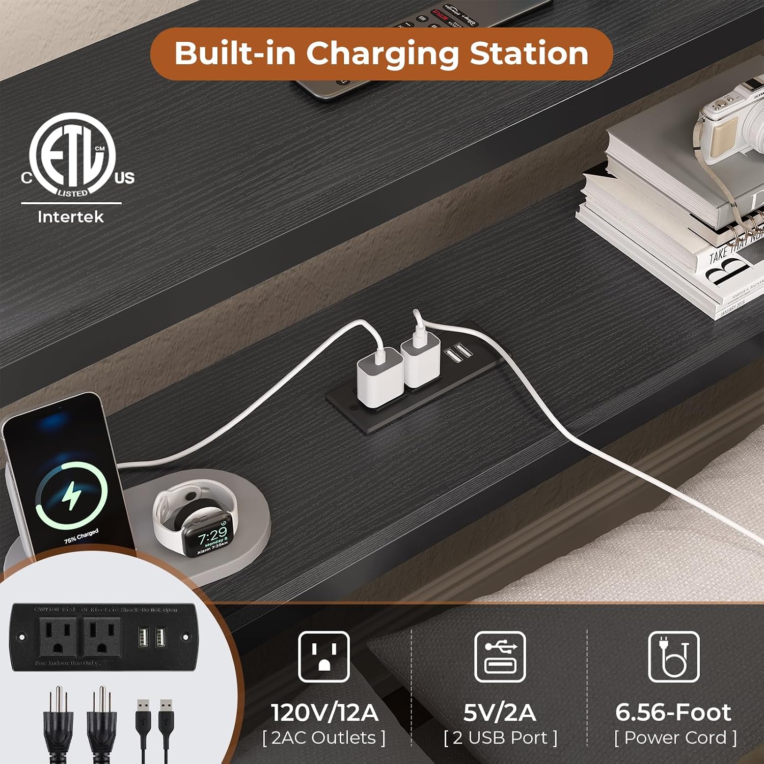 Close-up of the built-in charging station on the bed frame's headboard, featuring two AC outlets and two USB ports, with devices like a smartphone and smartwatch charging.
