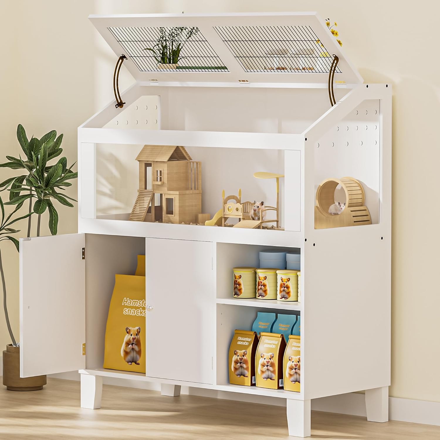 Hamster Cage with Storage Cabinet, Hamster Cage Large, Large Hamster Habitat with Easy View Acrylic Panels, Wooden Small Animal Cages for Guinea Pigs, Rabbits, Gerbils, Hedgehogs, White