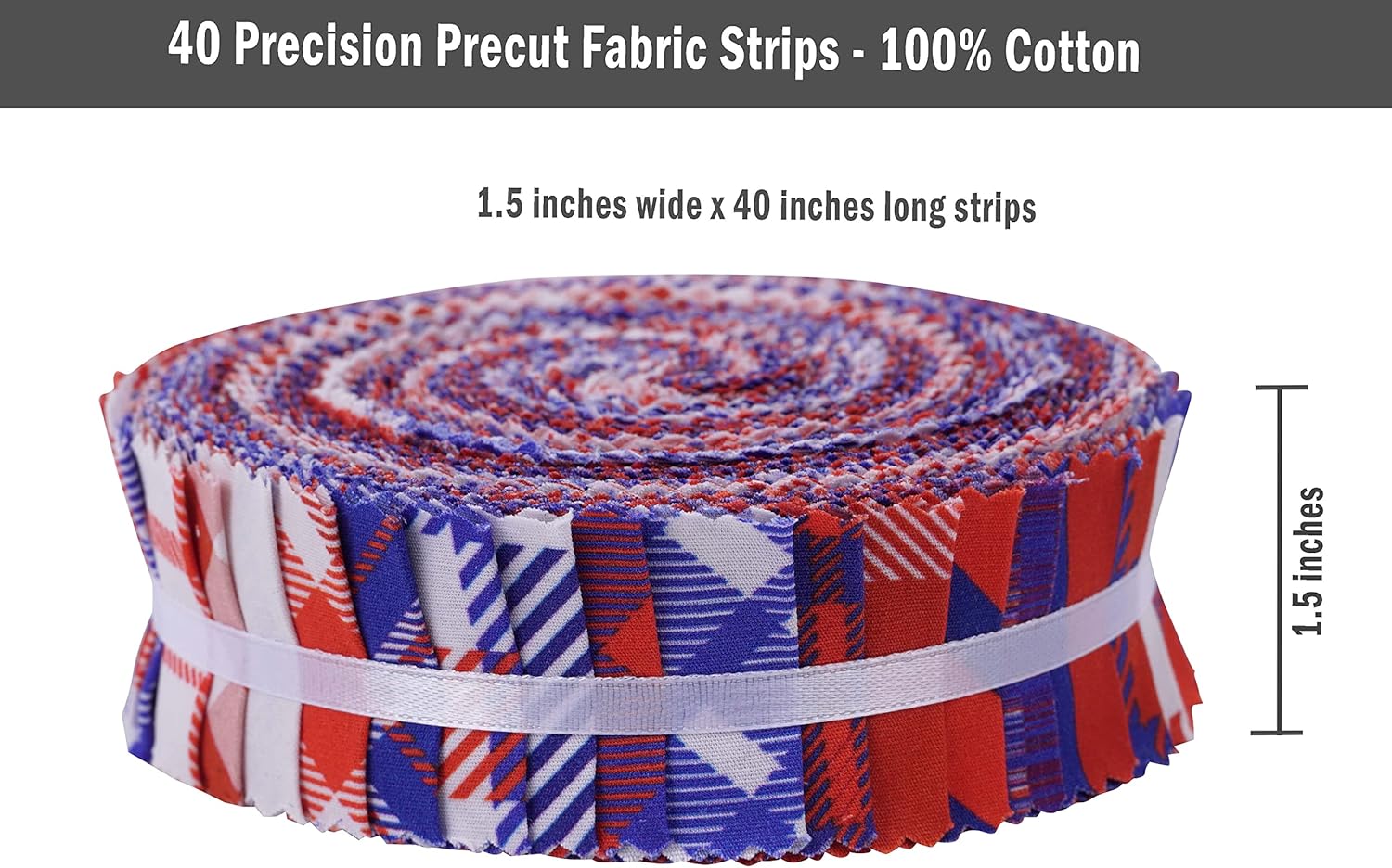 Soimoi 40Pcs Check & Tartan Print Precut Fabrics Strips Roll Up 1.5x42inches Cotton Jelly Rolls for Quilting - Red, Blue & White