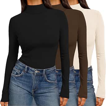 Ekouaer Women's 3-Pack Long-Sleeve Mock Turtleneck Tops