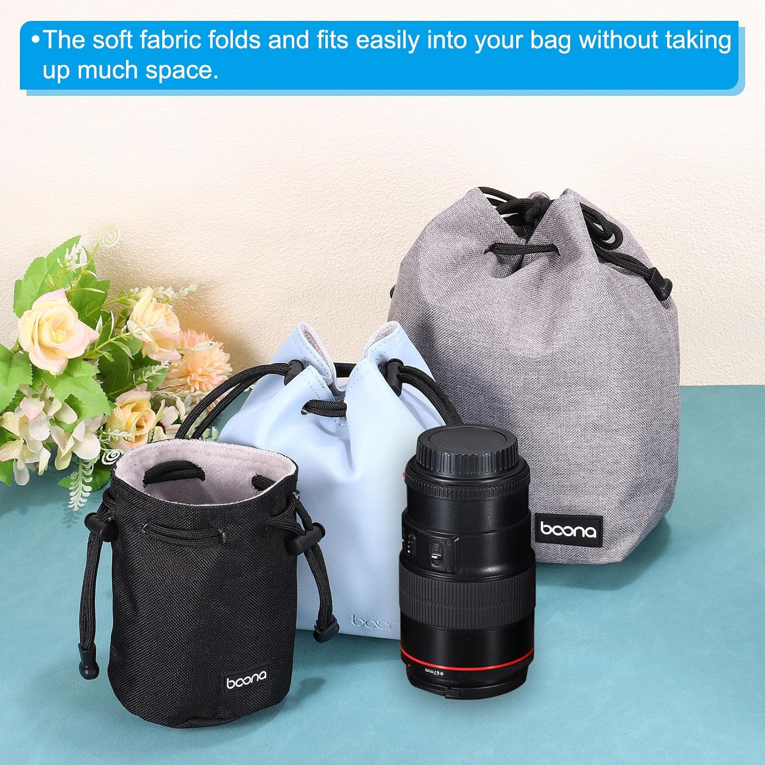 PATIKIL Soft Drawstring Lens Case, Lens Pouch Bag with Cotton Pad 5.91" x 3.94" Thick Fleece Cloth Camera Lens Bag for SLR Lens Water Cups, Grey