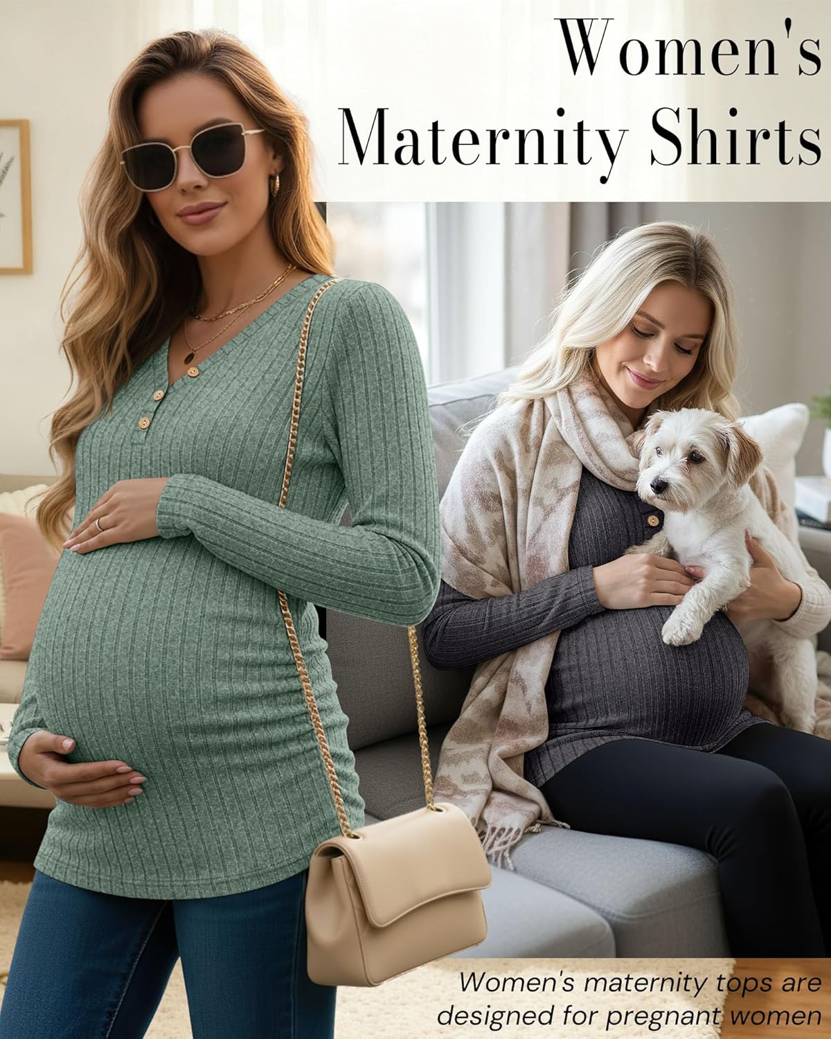 3 Pack Women's V Neck Maternity Sweaters Long Sleeve Shirts Clothes Pregnancy Henley Tops Ribbed Side Ruched Tunic - Image 5