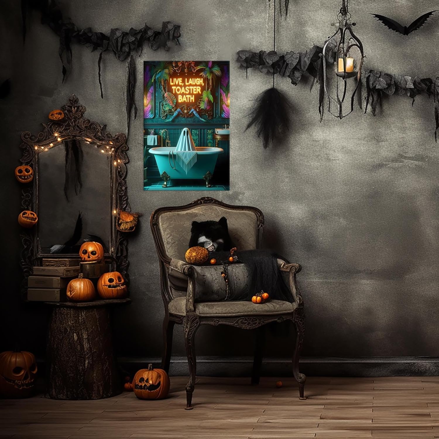 Funny Bathroom Decor Tropical Ghost Poster Live Laugh Toaster Bath Neon Sign Wall Art Decor Cottagecore Style Ghost Art Dark Humor Halloween Gifts Toilet Farmhouse Restroom Decor 12X16inch Framed