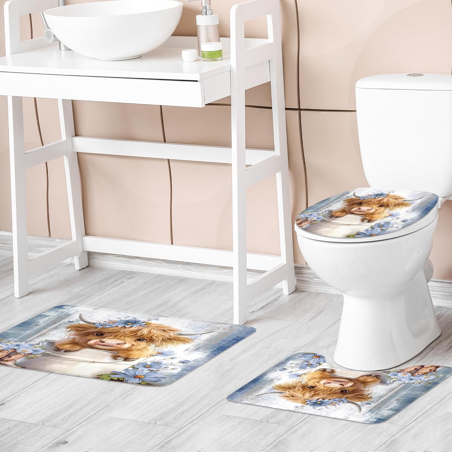 Riyidecor Blue Funny Highland Cow 4Pcs Bathroom Shower Curtain Sets Western Rustic Daisy Floral Bathroom Decor Set with Rugs and Accessories Cute Toilet Lid Rug, Contour and Bath Mat with 12 Hooks