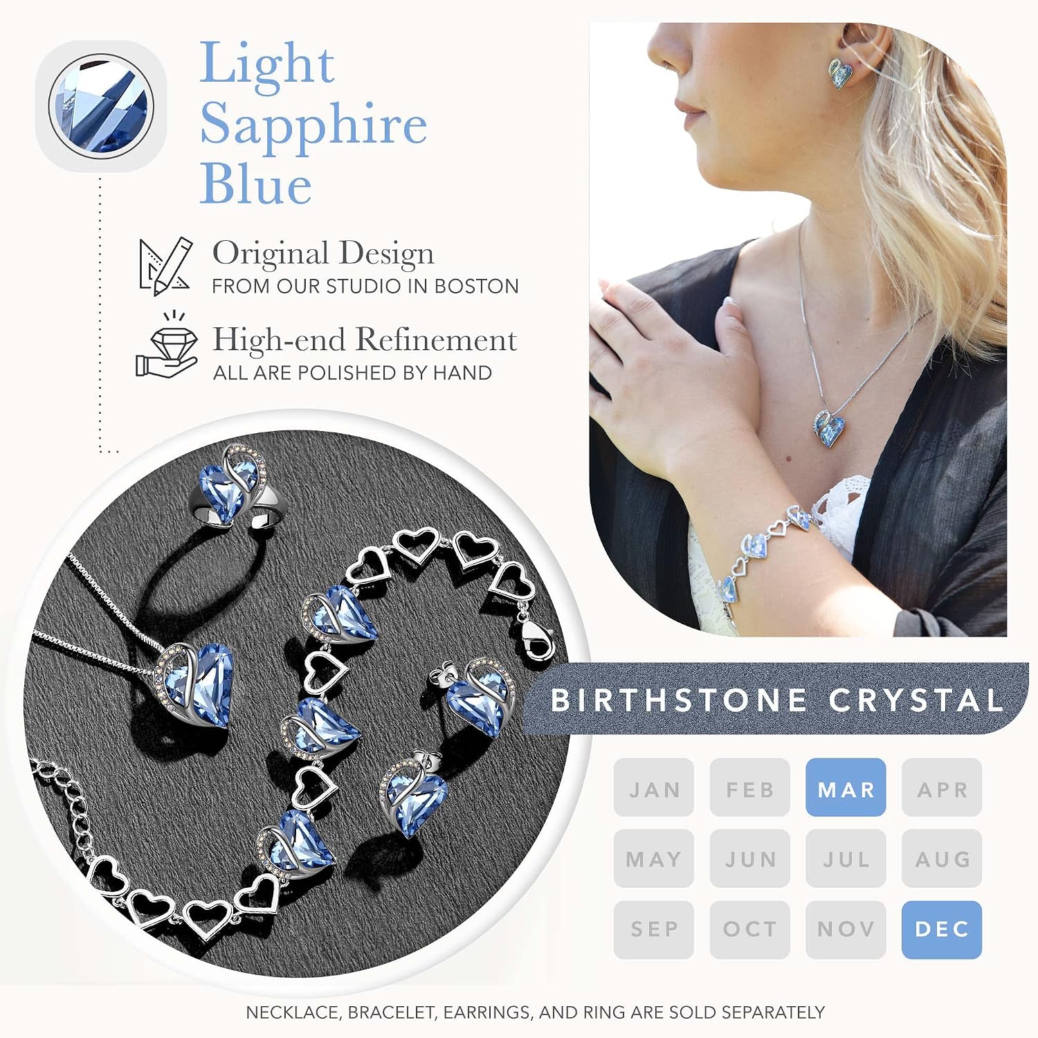 Leafael Infinity Love Heart Necklace, Stud Earrings, and Bracelet for Women, March Birthstone Crystal Jewelry, Silver Tone Gifts for Women, Light Sapphire Blue