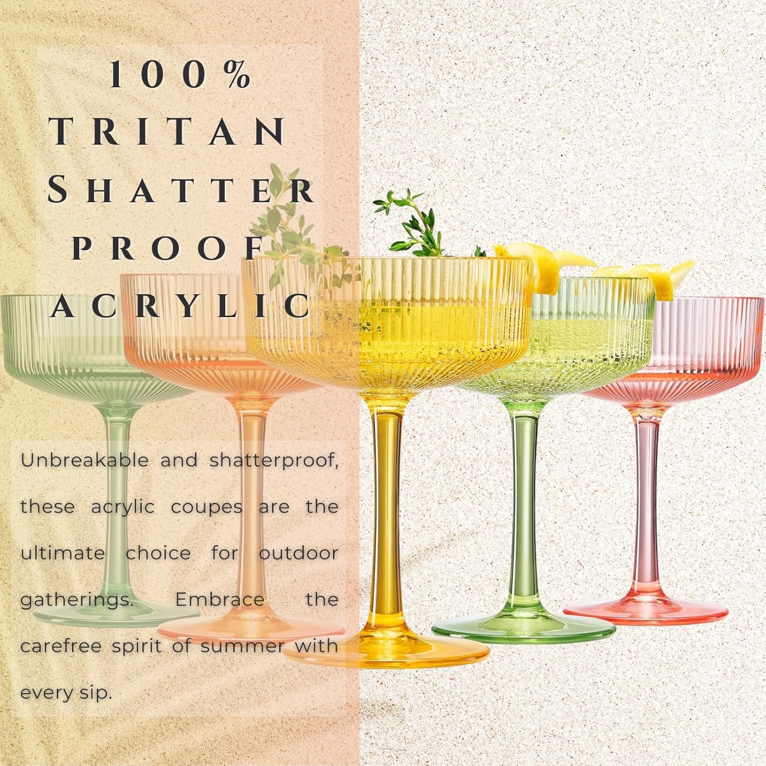 Khen Shatterproof Acrylic Ribbed Vintage Art Deco Martini, Champagne & Cocktail Bright Pastels Color Plastic Coupe Glasses | Set of 5 | 8 oz Ripple Classic Cocktail Indoor & Outdoor, European Style - Image 2