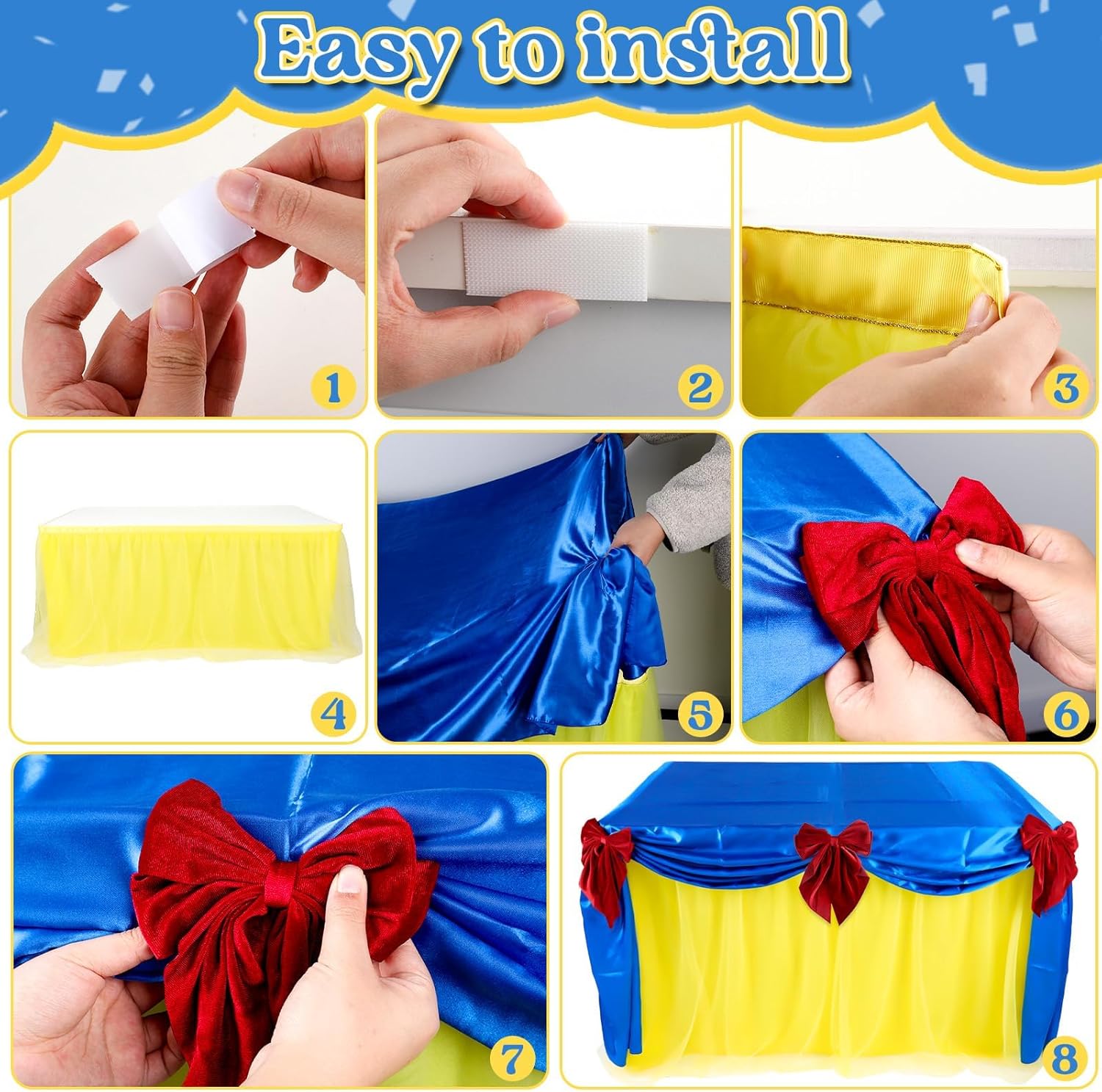 30 x 108 Inch Princess Party Decorations Snow Princess Blue and Yellow Tablecover Yellow Tulle Table Skirt Royal Blue Tablecloths with Red Bow Clips Set for Girls Birthday Baby Shower Party Supplies
