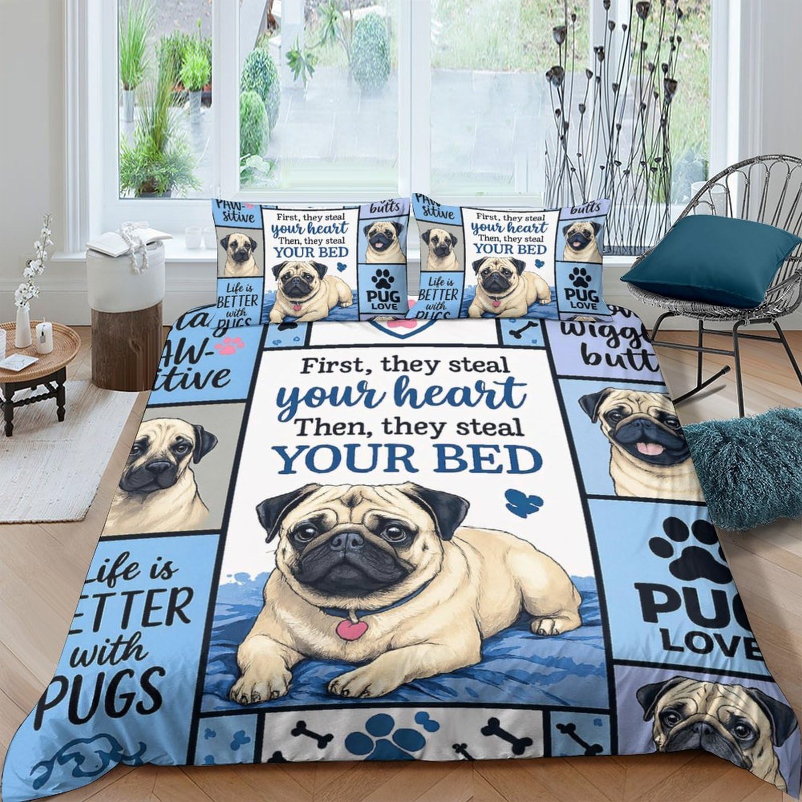 Ctjqhvkz Style-10 3D Printed Cartoon Pug Fitted Sheet Microfiber Soft Blue Dog Pattern Bed Cover For Bedroom Dorm Mattress Protection Decor Single（135X200cm）