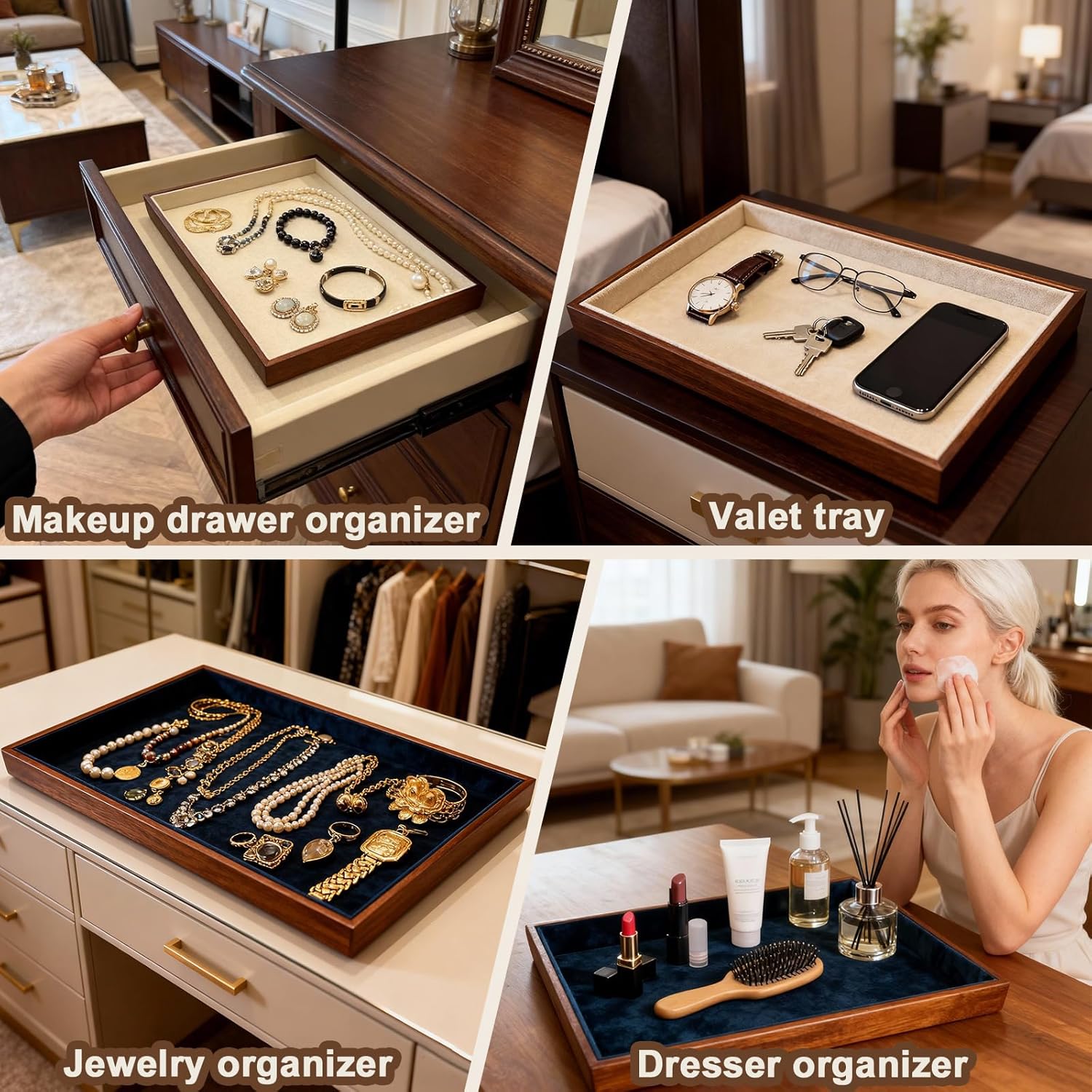 Large Solid Wood Jewelry Watch Tray, Velvet Jewelry Board Display Trays for Key Wallet Ring，Stackable Wooden Jewelry Drawer Organizer Showcase Jewelry Holder(Beige)