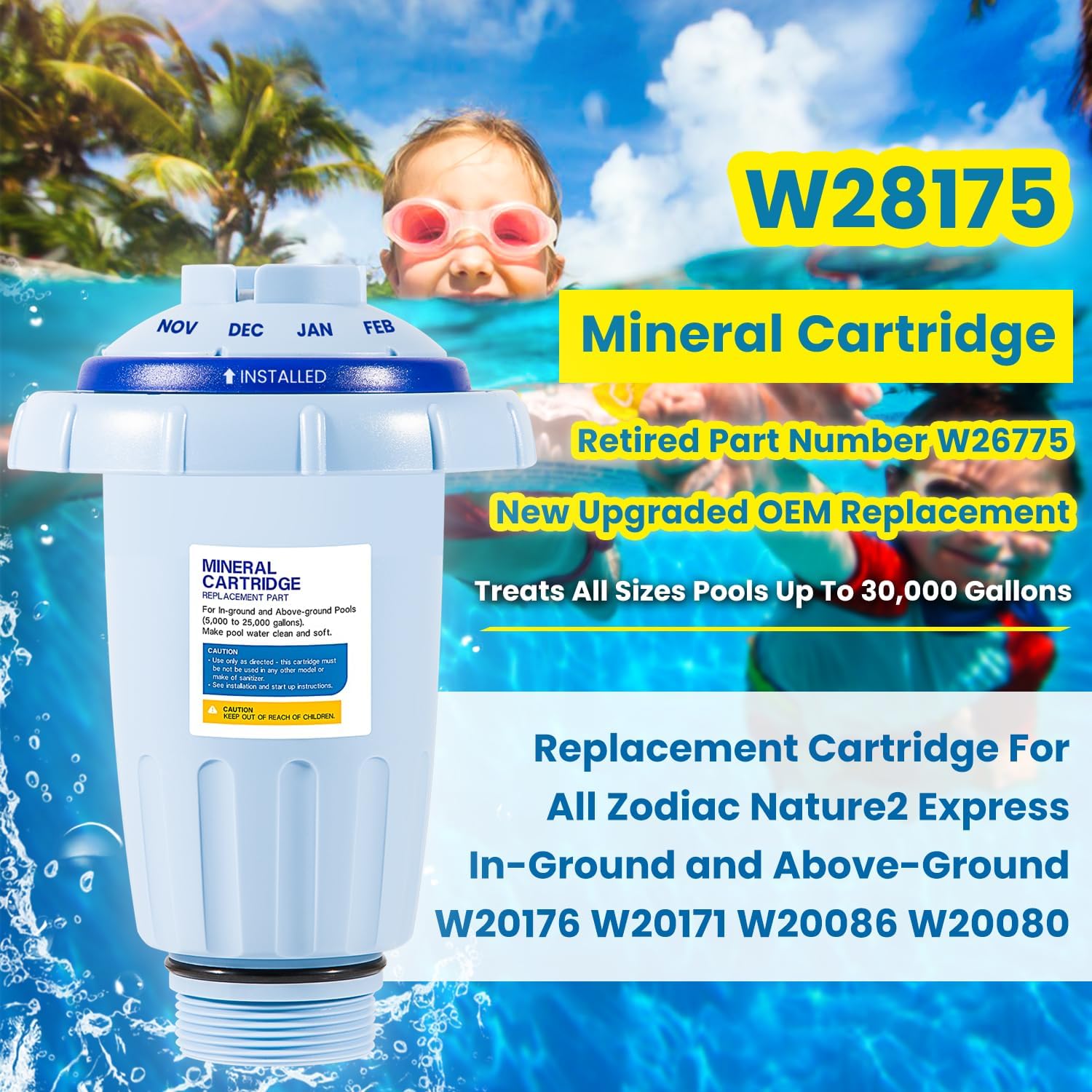 E-cowlboy Replacement for Zodiac Nature2 Express Mineral Cartridge W28175 W26775 Vessel System W20176 W20171 W20086 W20080 In-Ground & Above-Ground Swimming Pools Up to 30,000 Gallons New Upgraded