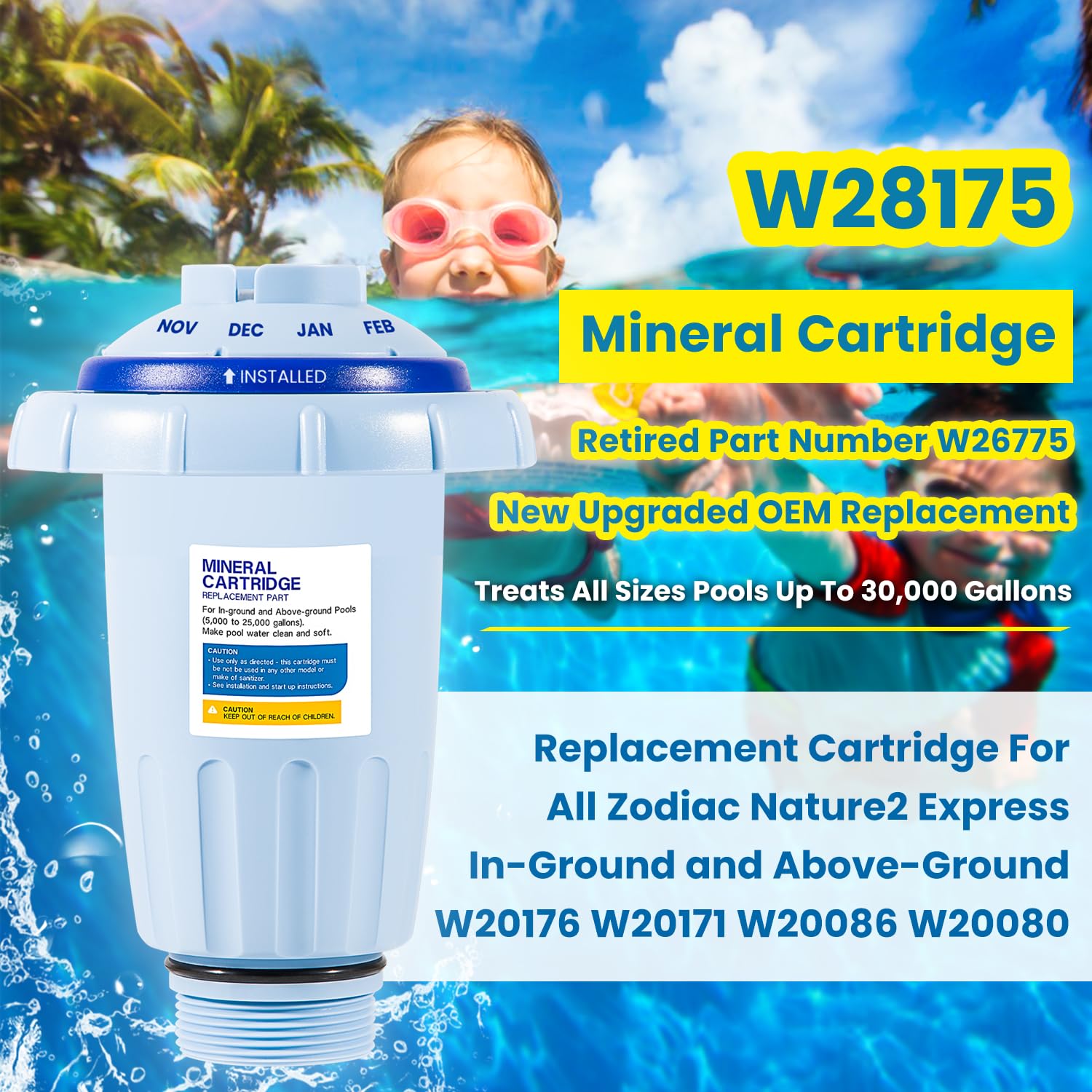 W28175 Replacement for All Zodiac Nature2 Express Mineral Cartridge Vessel System W20176 W20171 W20086 W20080 In-Ground & Above-Ground Swimming Pools Up to 30,000 Gallons New Upgraded W26775