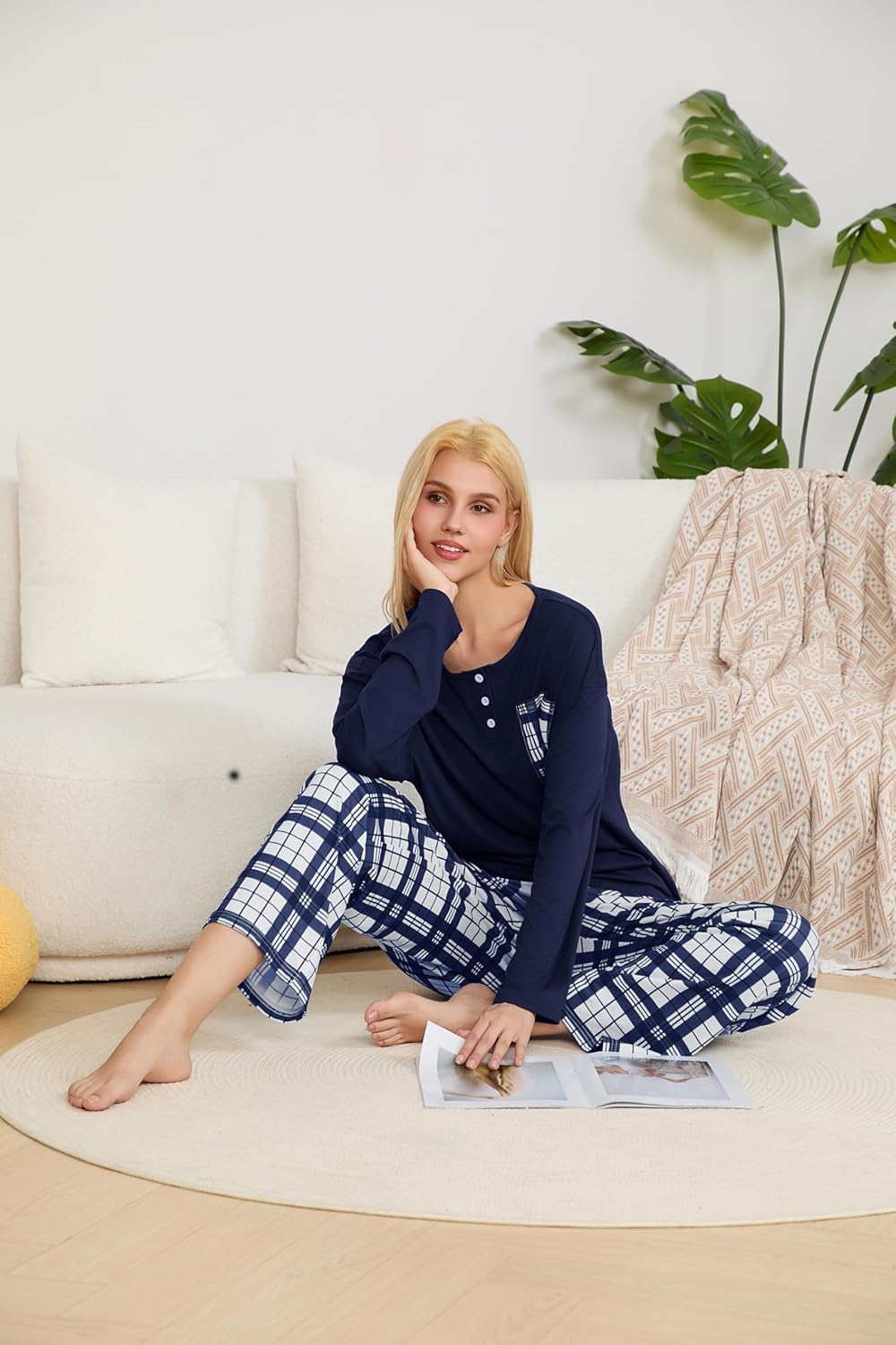 FLYCURVY Women's Pajama Sets 2 Piece Long Sleeve Sleepwear Soft Pj Set Loungewear Plaid Pjs with Pockets - Image 6