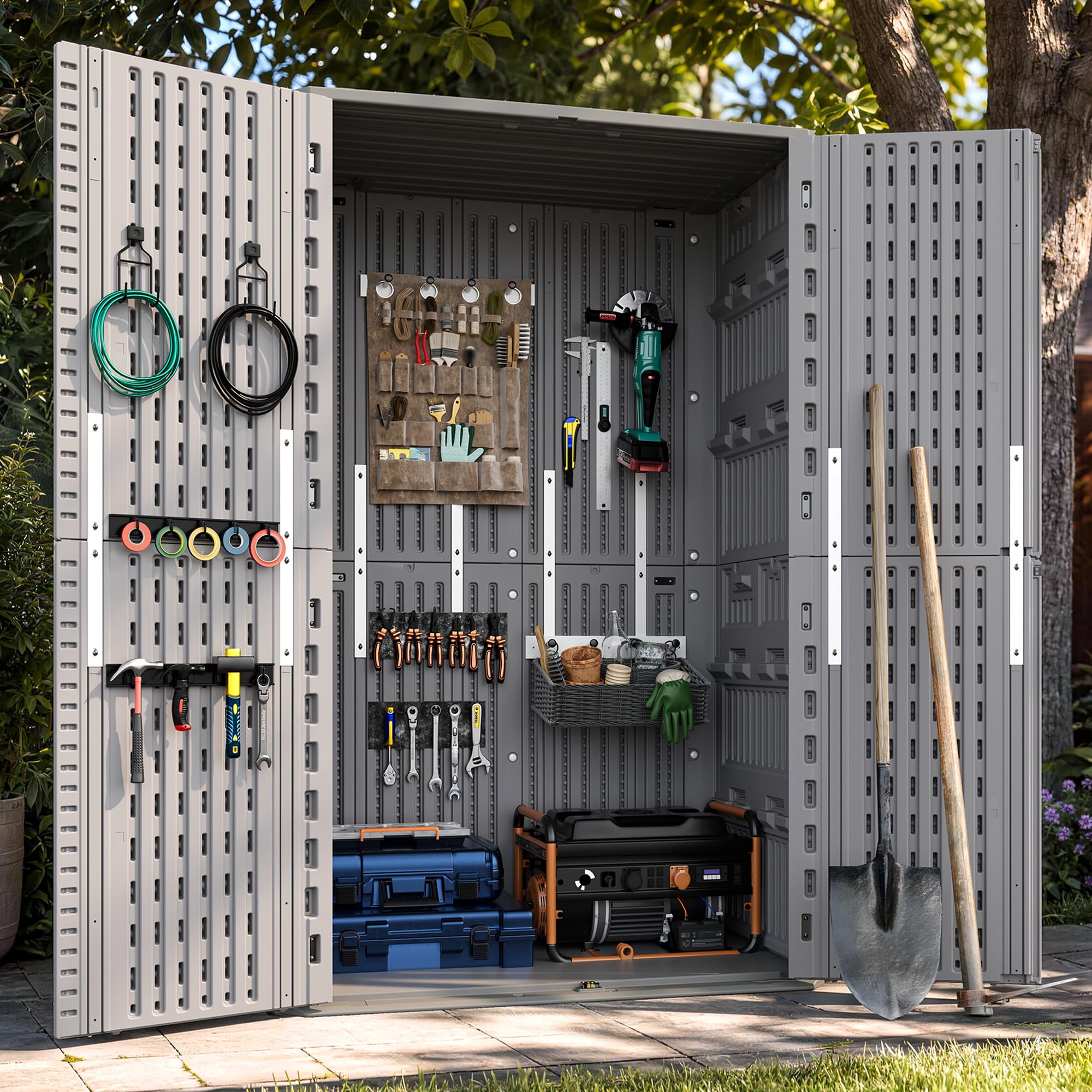 UDPATIO 67 Cu.Ft Vertical Outdoor Storage Shed, HDPE Resin Sheds,Grey
