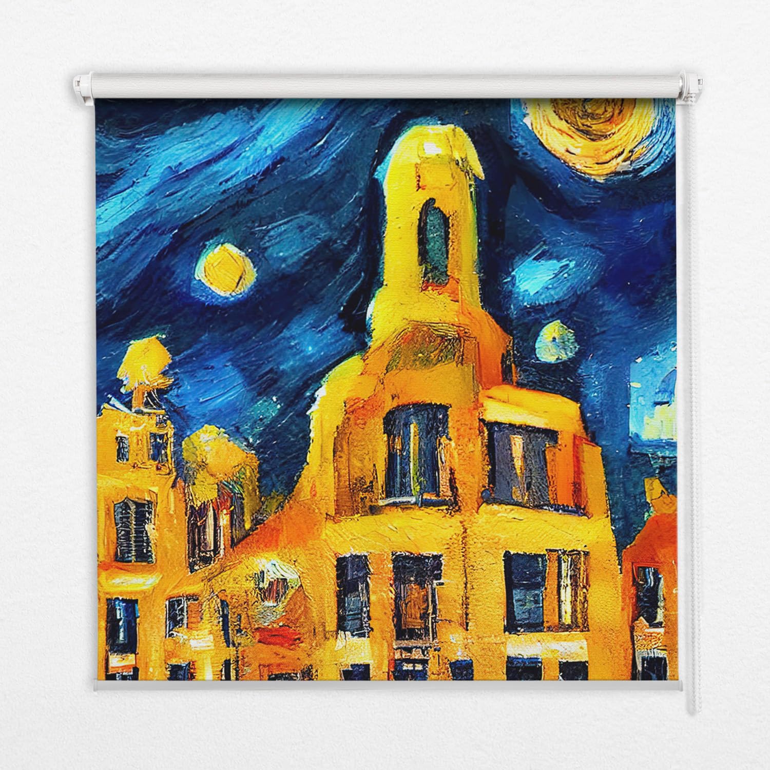 Store enrouleur occultante sans perçage 60x180cm crée une ambiance artistique de ville peinte