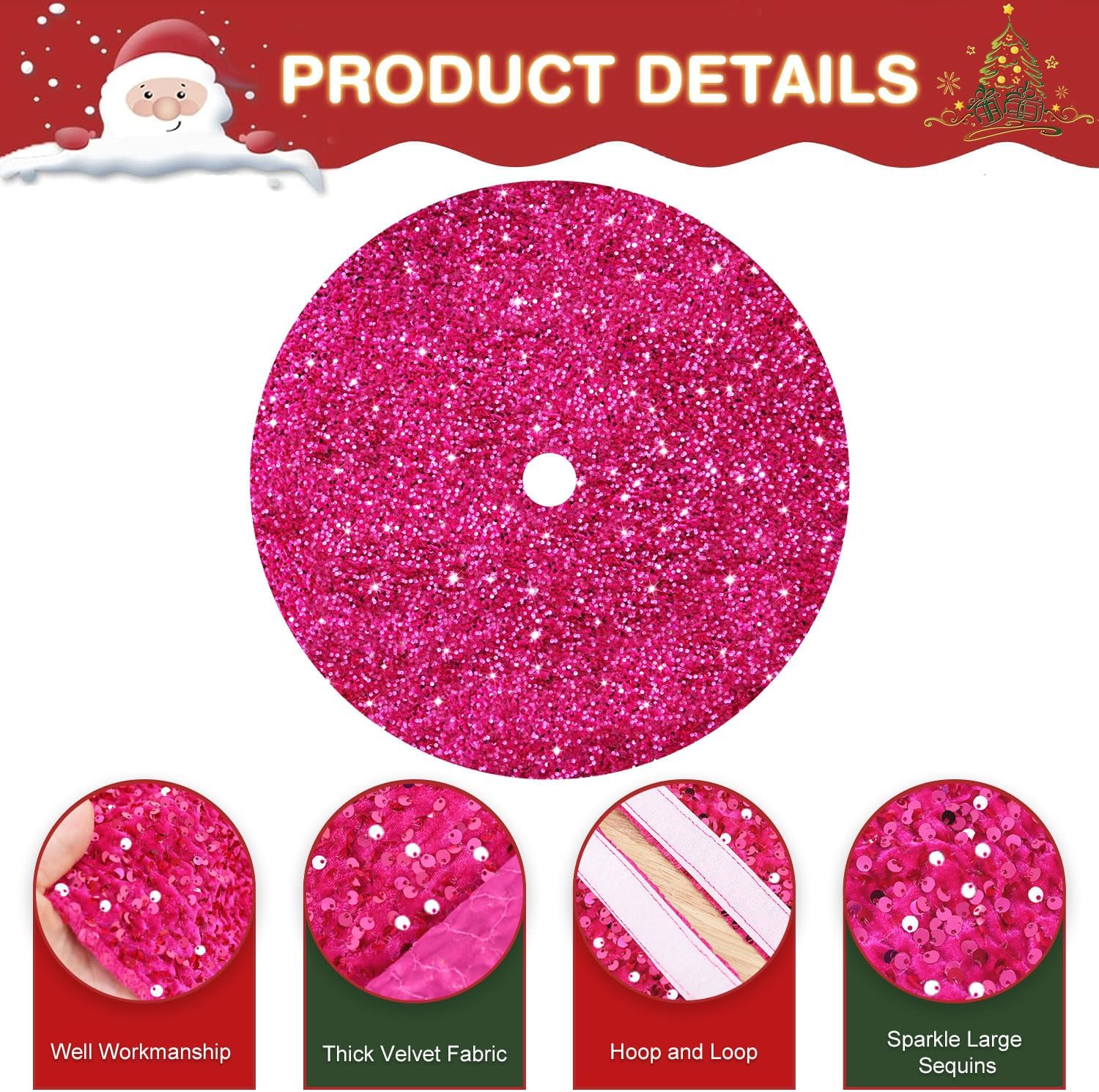 Pink Christmas Tree Skirt Large 60 Inch Sparkle Sequin Tree Skirt Glitter Tree Skirts Hot Pink Tree Skirt Velvet Xmas Tree Mat for New Year Party Home Deocration