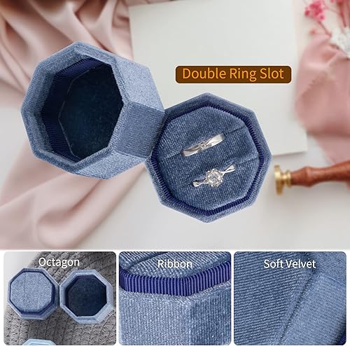Miniatura 4 de Smileshe Caja de anillos, cajas de joyería de terciopelo para propuesta de compromiso, ceremonia de boda, mini octágono con ranura de doble anillo