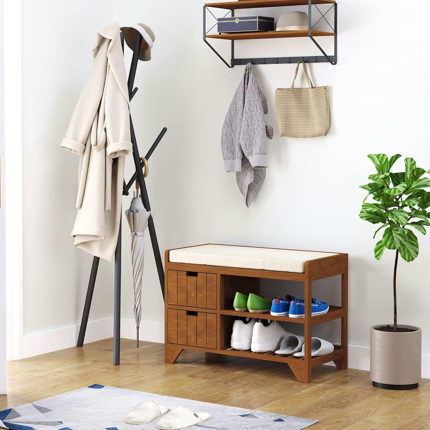 HOMCOM Compact Rustic Padded Wooden Shoe Rack Bench Organizer with Drawers - Coffee Woodgrain
