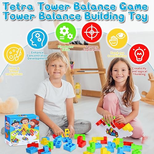Miniatura 7 de KISPATTI Juego de apilamiento de torre Tetra de 64 piezas, divertido juego de mesa de ataque apilable, juego de torre de equipo para niños y