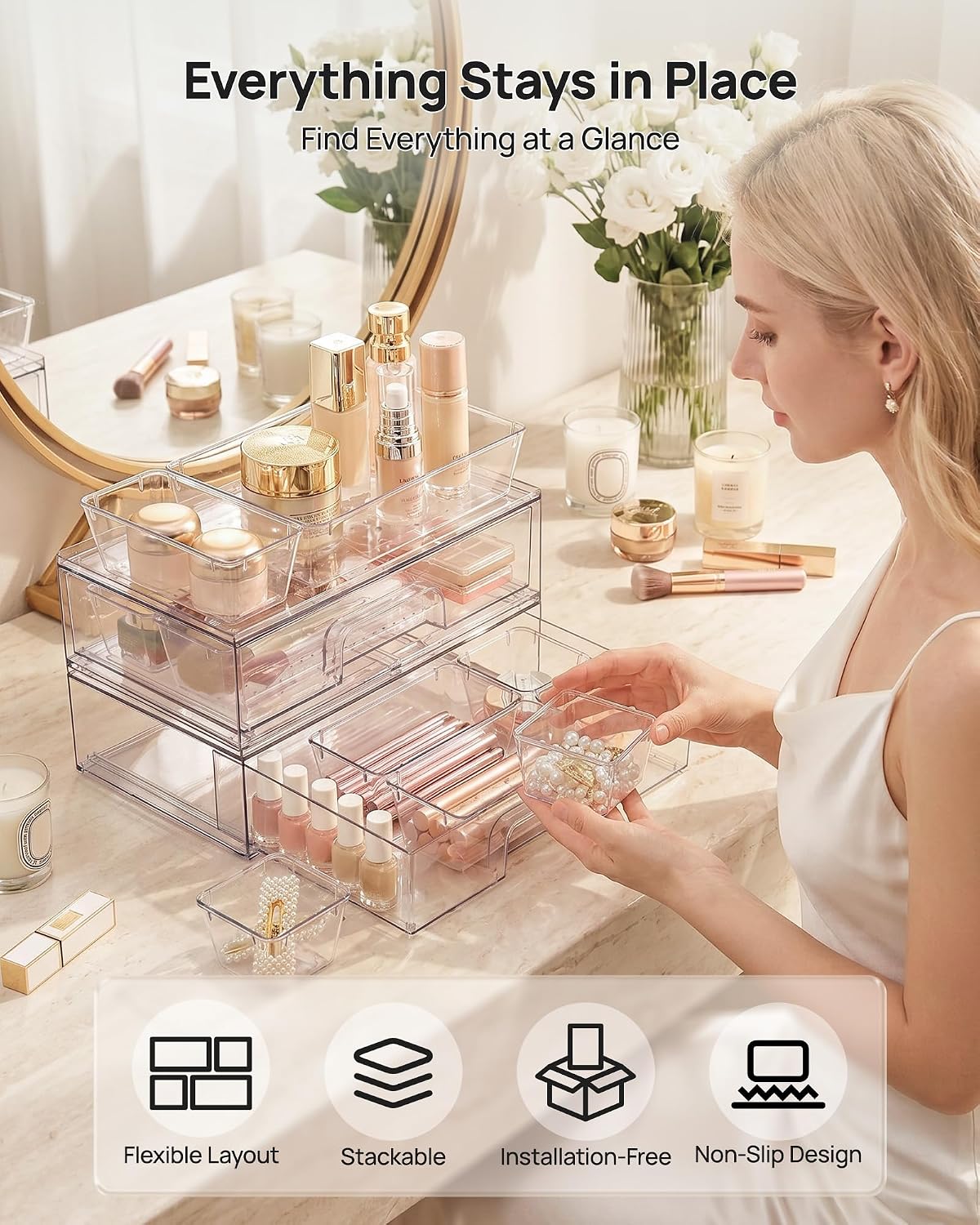 Vtopmart 2 Pack Stackable Storage Drawers & 10 Pack Drawer Organizer | Clear Plastic, For Makeup & Beauty Supplies, Ideal for Vanity, Bathroom Countertop, Desk