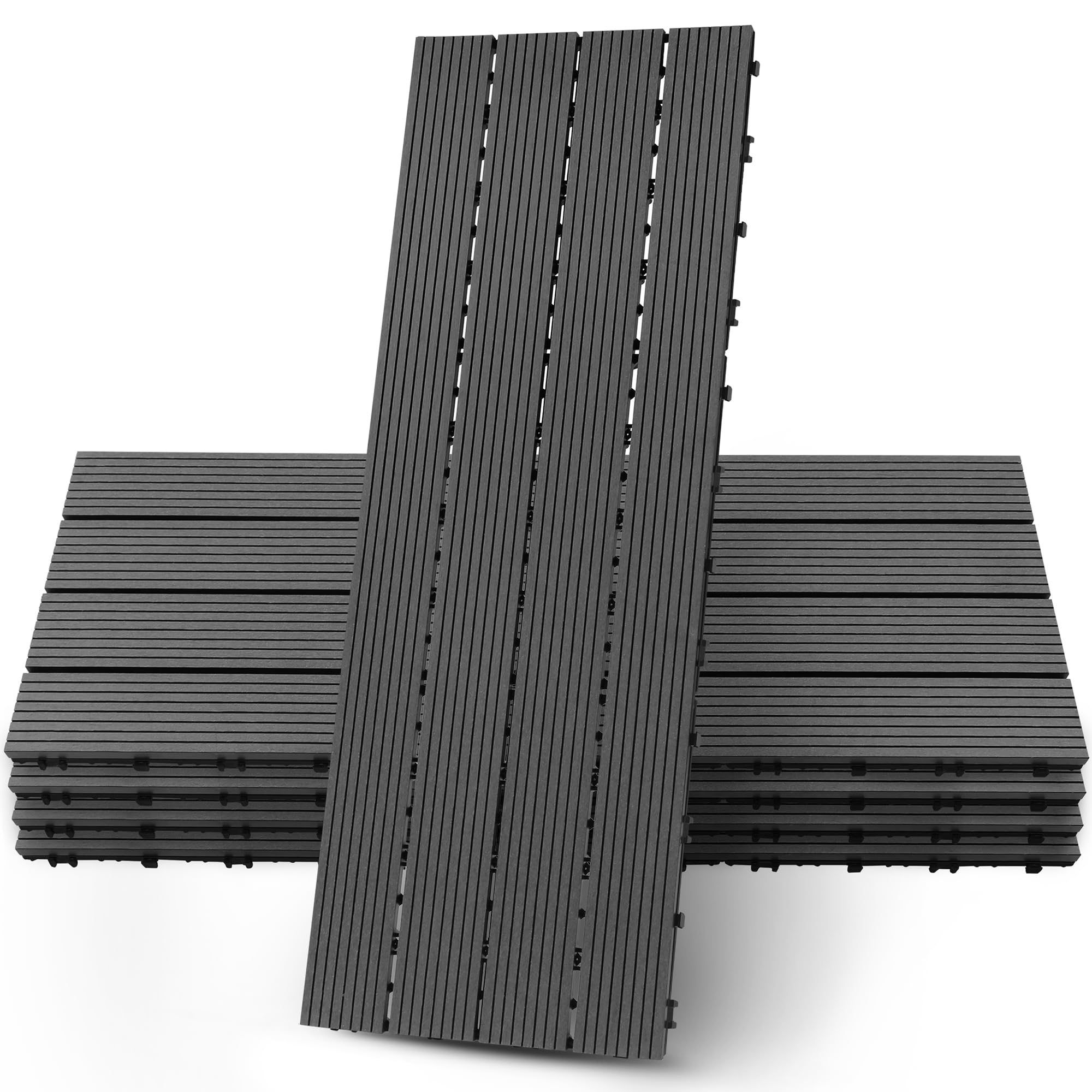 PURE ERA Wood Composite Interlocking Floor Deck Tiles Indoor Outdoor Use 12"x36" (5Pcs, 15 sq. Ft, Grey) - Great Upgrade to Patio Backyard Pathway