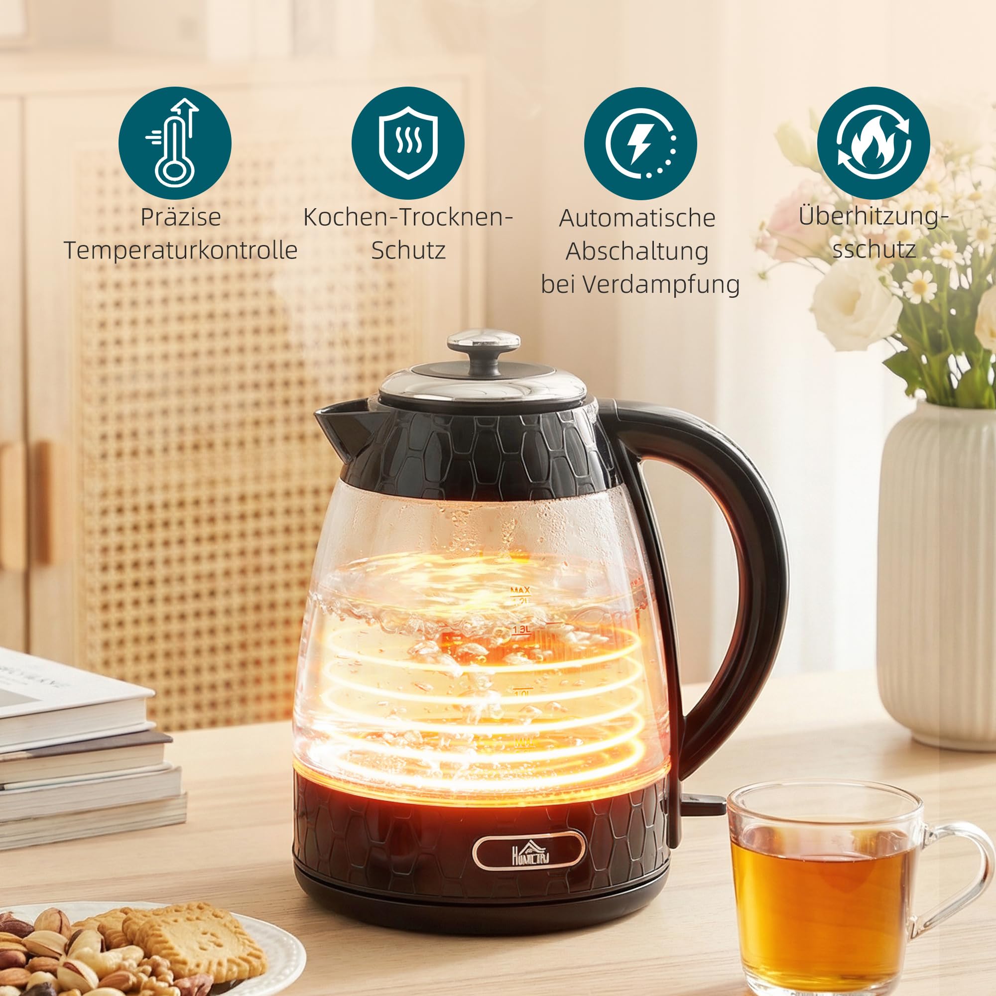 HOMCOM Wasserkocher Toaster Set, 1,7L 2200W, Glas, 4-Scheiben-Toaster, 7 Bräunungsstufen, Schwarz