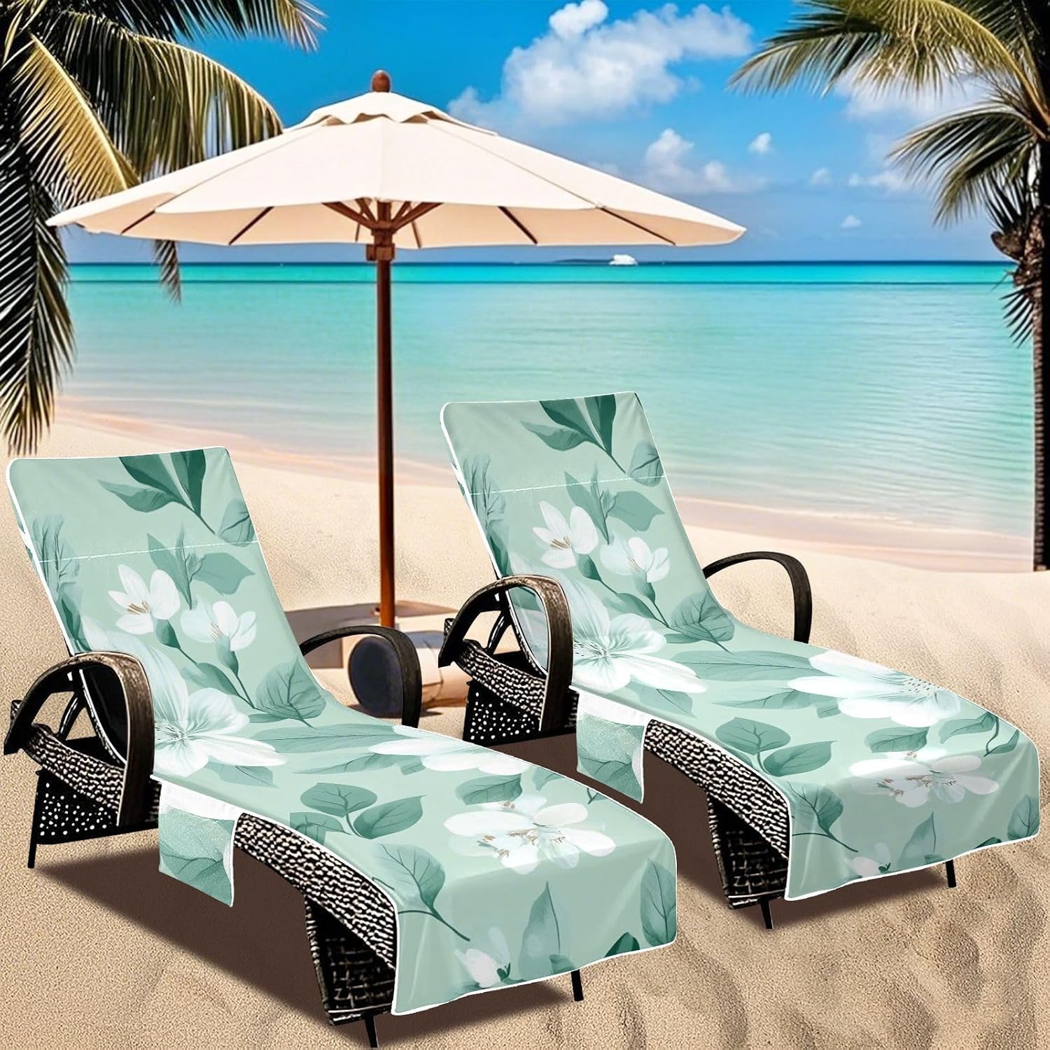 Flowers Mint Green Patio Lounge Chair Cover Microfiber Soft Outdoor Chaise Lounge Cover with Pockets for Pool Beach Sunbathing, 85" X 30"