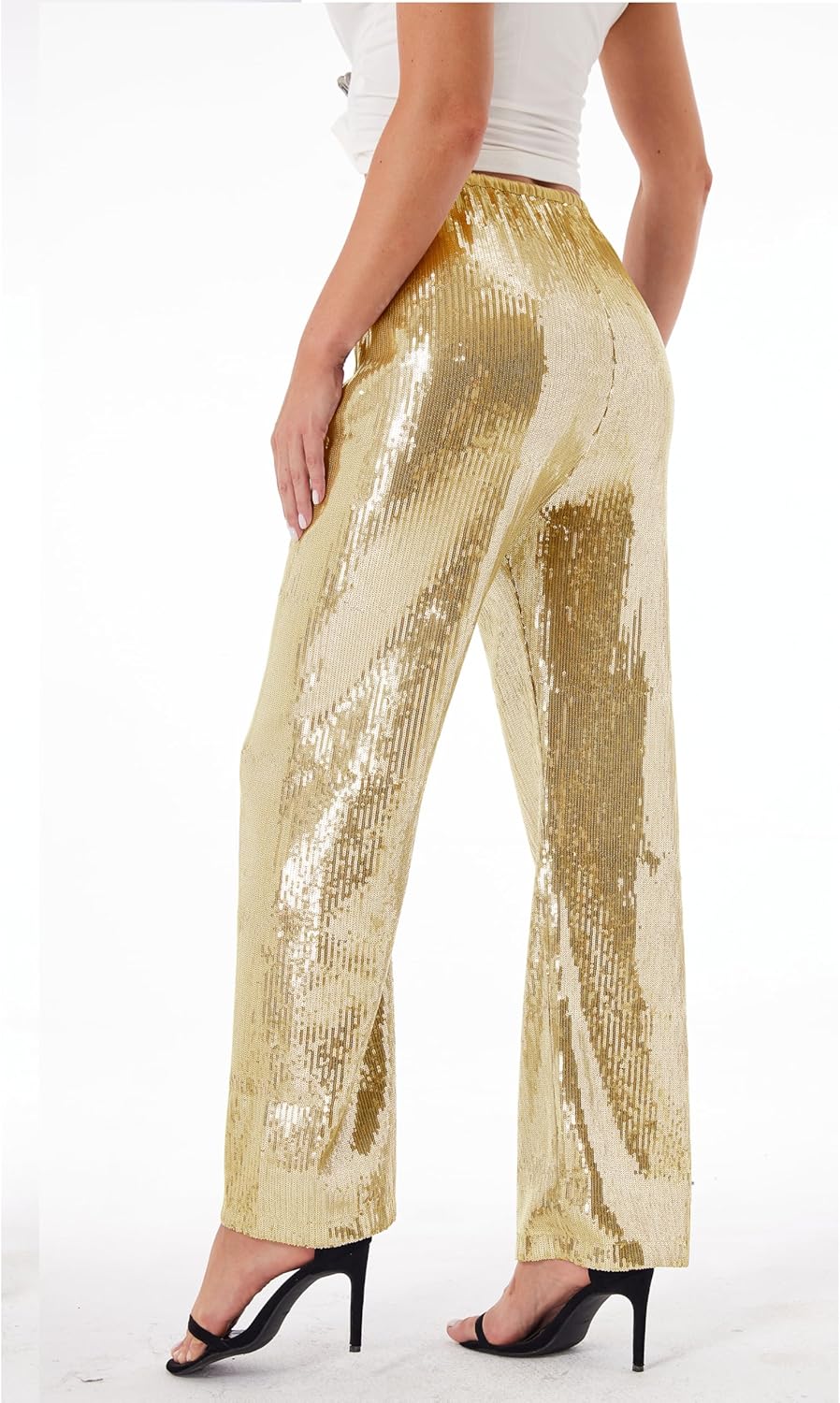 Women's Sequin Pants Shiny Sparkly Party Club Night Out Metallic Casual Wide Leg Pants Trousers - Image 2