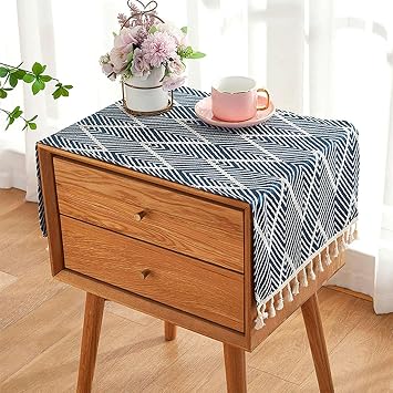 SIELUNO Nightstand Table Tassel Cover Cloth, Rustic Rectangle Linen Coffee Table Cloth Suitable for Bedside Table TV Microwave Washing Machine Refrigerator Top Dust Cover-Blue Wave-16x36 Inch