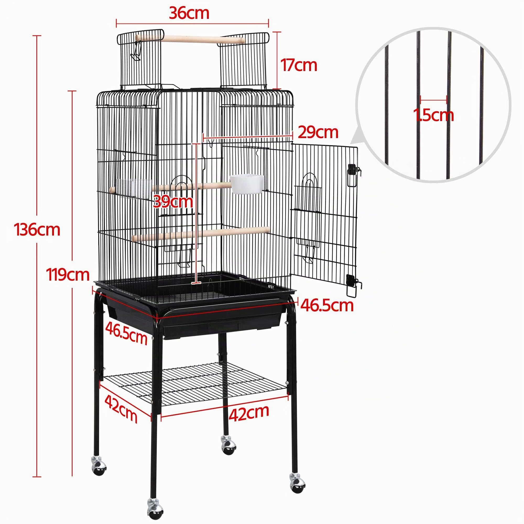 Yaheetech Gabbia per Uccelli Pappagalli Inseparabili Calopsite in Metallo con Carrello Rotelle Voliera per Uccelli con Tetto Apribile Nera 46 x 46 x 119 cm
